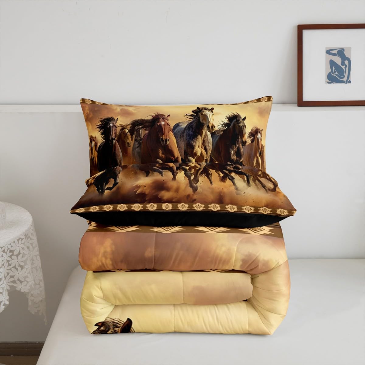Feelyou Boho Comforter Set King Size Horses Comforter Southwestern Native Aztec Bedding Set Retro Exotic Boho Duvet Set Room Decor Dark Brown Quilt Set