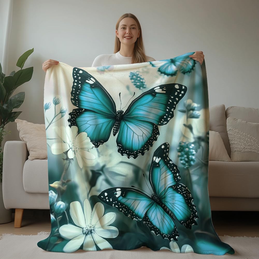 HUNXIAOJ Butterfly Throw Blanket for Women Butterfly Floral Blanket Romantic Gifts Warm Soft Flannel for Girls Boys Women Teens Adults Bed Sofa Couch (50 in x 60 in)