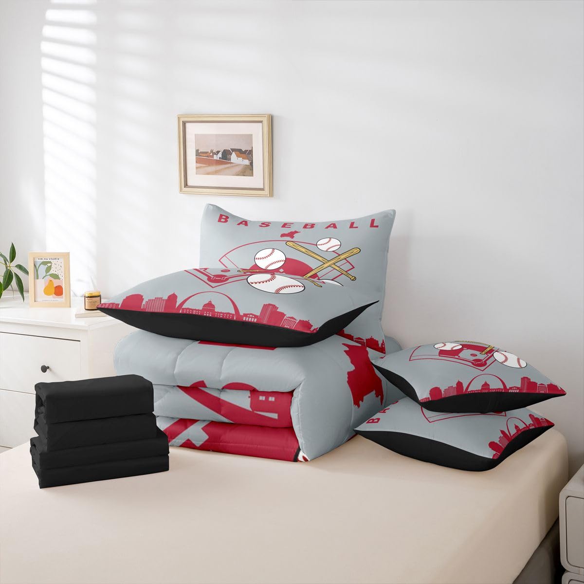 Erosebridal Teens Baseball Full 7 Piece Bedding Set Sporta Games Bed in A Bag City Building Silhouette Comforter Set for Kids Boys Youth Men Bedroom Decor Baseball Bat Sheet Sets