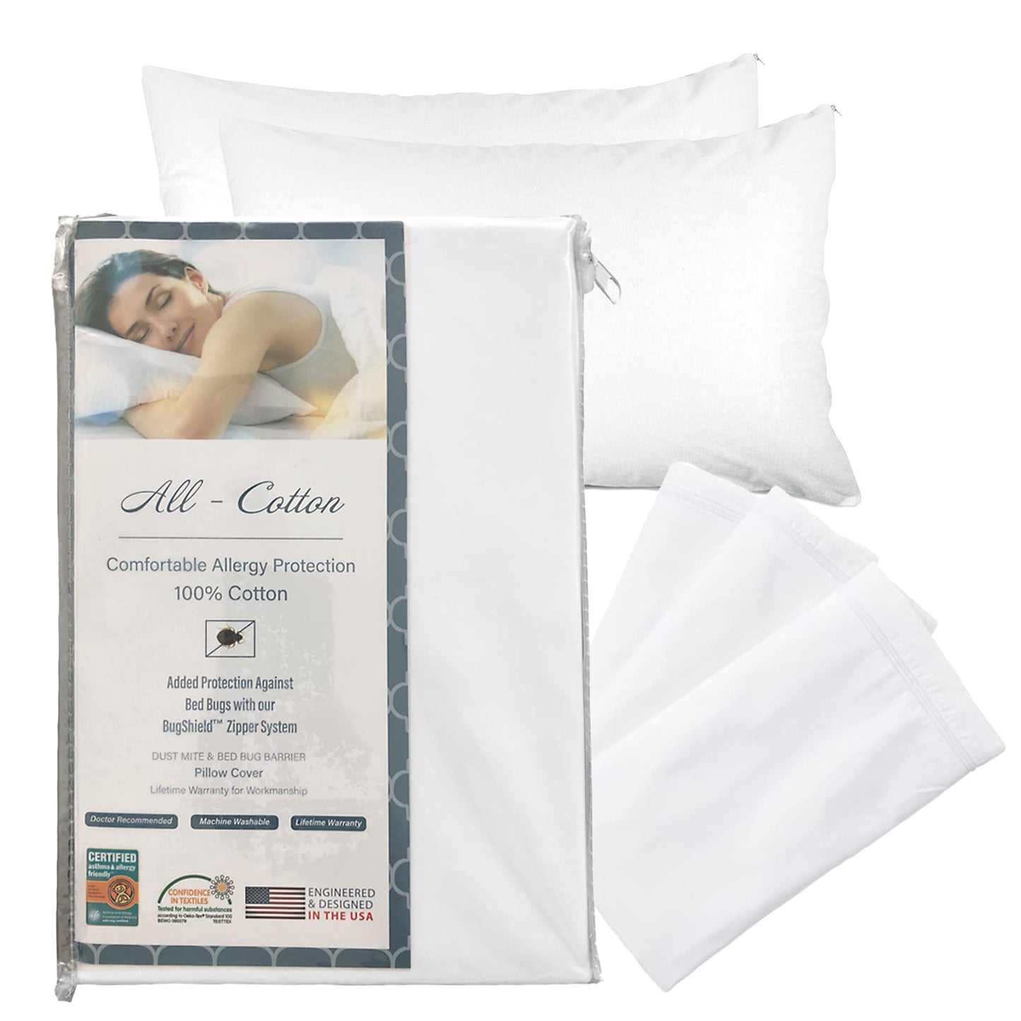 National Allergy Bedding Set Bundle - Queen Size - 100% Cotton Hypoallergenic Pillow Cover (2 Pack) & Mattress Protector / Encasement