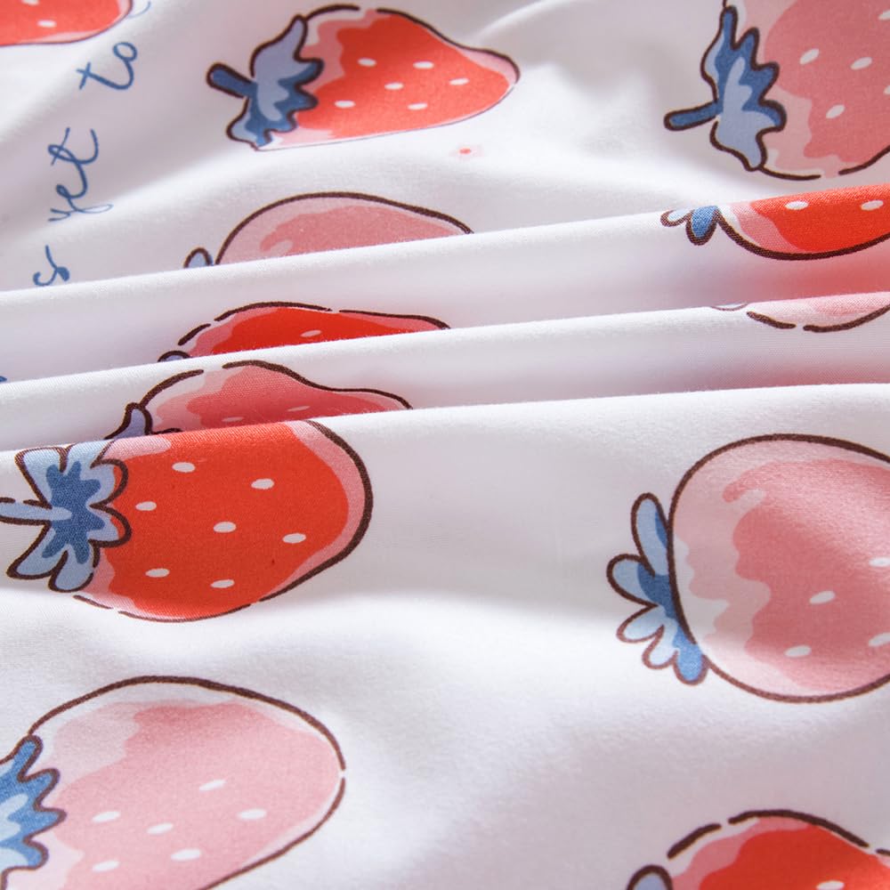 NATURETY Bedding Fitted Sheet with Deep Pocket,Cute Fruit Printed Fabric Bed Sheets (Pink Strawberry, Twin)