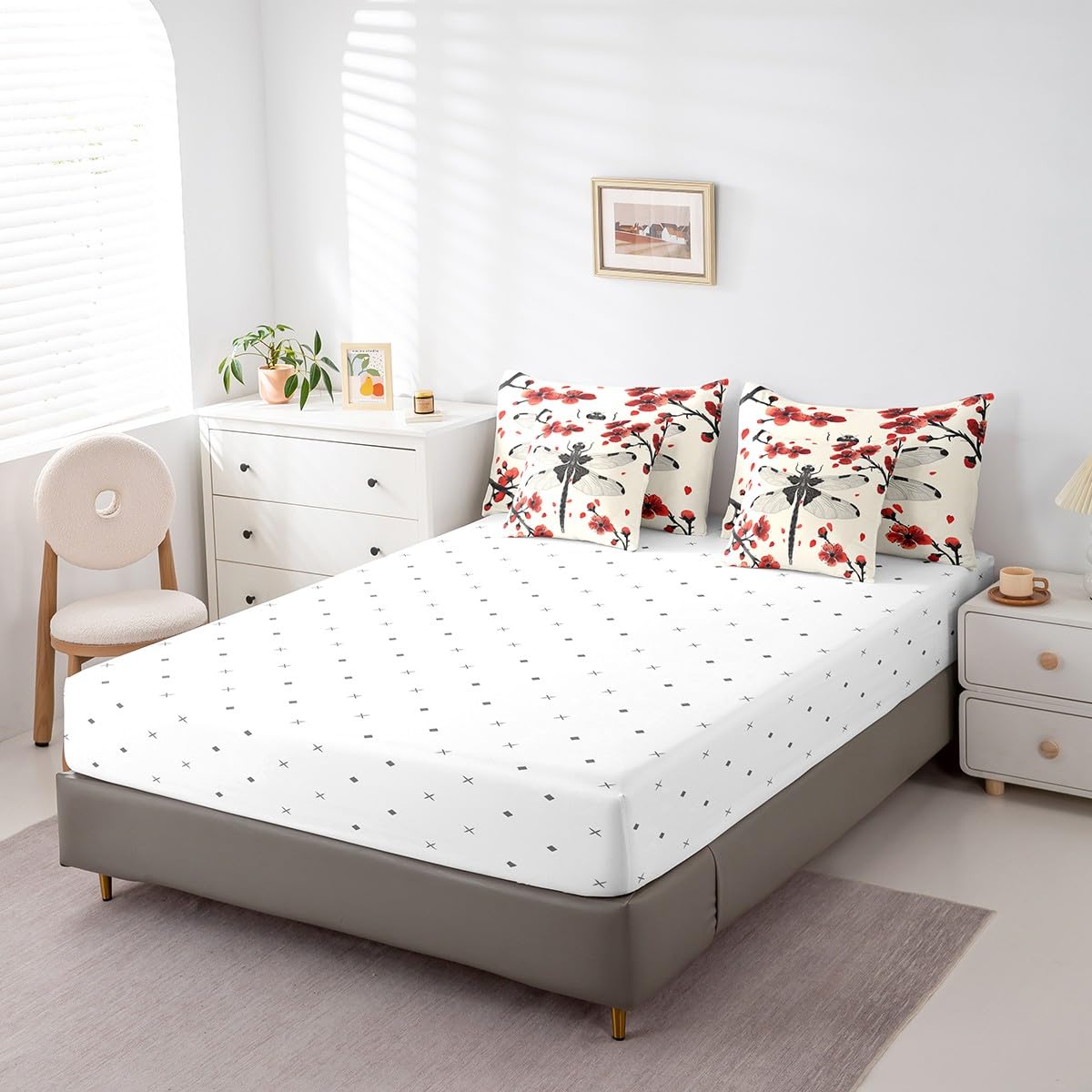 Erosebridal Japanese Cherry Blossom Comforter Set Queen,Red Black Dragonfly Bedding Set 7Pcs for Kids Teens Adults,Watercolor Red Floral Bed in a Bag