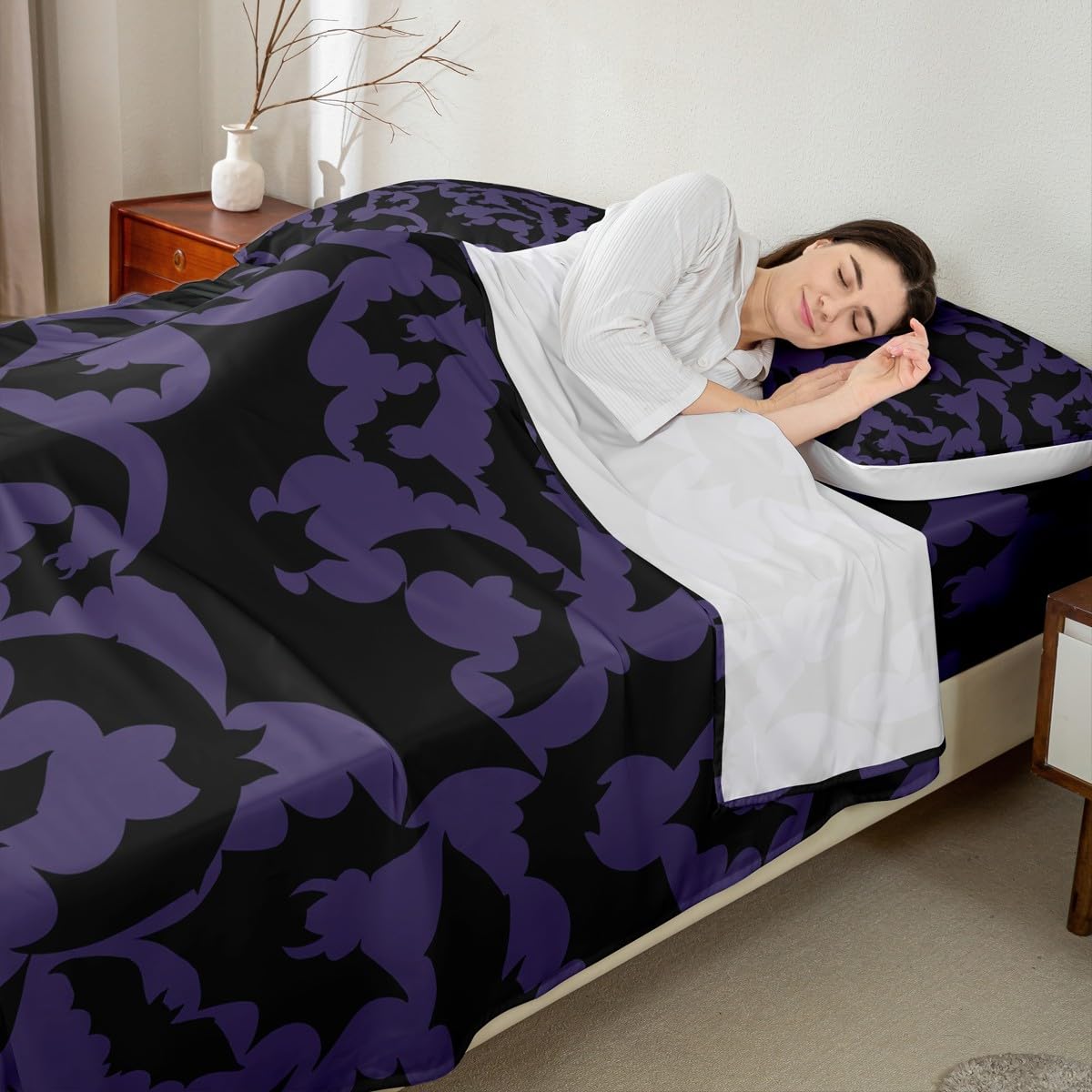 Castle Fairy Halloween Themed Full Fitted Sheet 4pcs,Black Bats Animal Print Bed Sheet Set for Girls Teens Bedroom,Dark Purple Color Polyester Bedding Set with 1 Flat + 2 Pillowcases