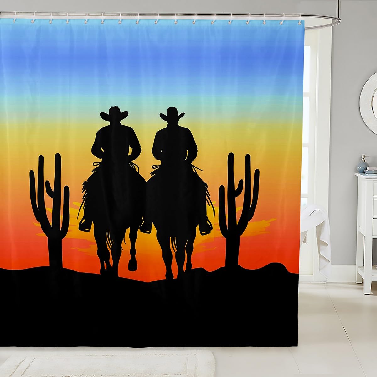 jejeloiu Western Shower Curtain 72"x78" West Cowboy Horse Bath Curtain for Boys Girls Teens Rodeo Cowboy Style Bathroom Shower Curtain Set Waterproof Cactus Kids Bathroom Accessories,12 Hooks Suits
