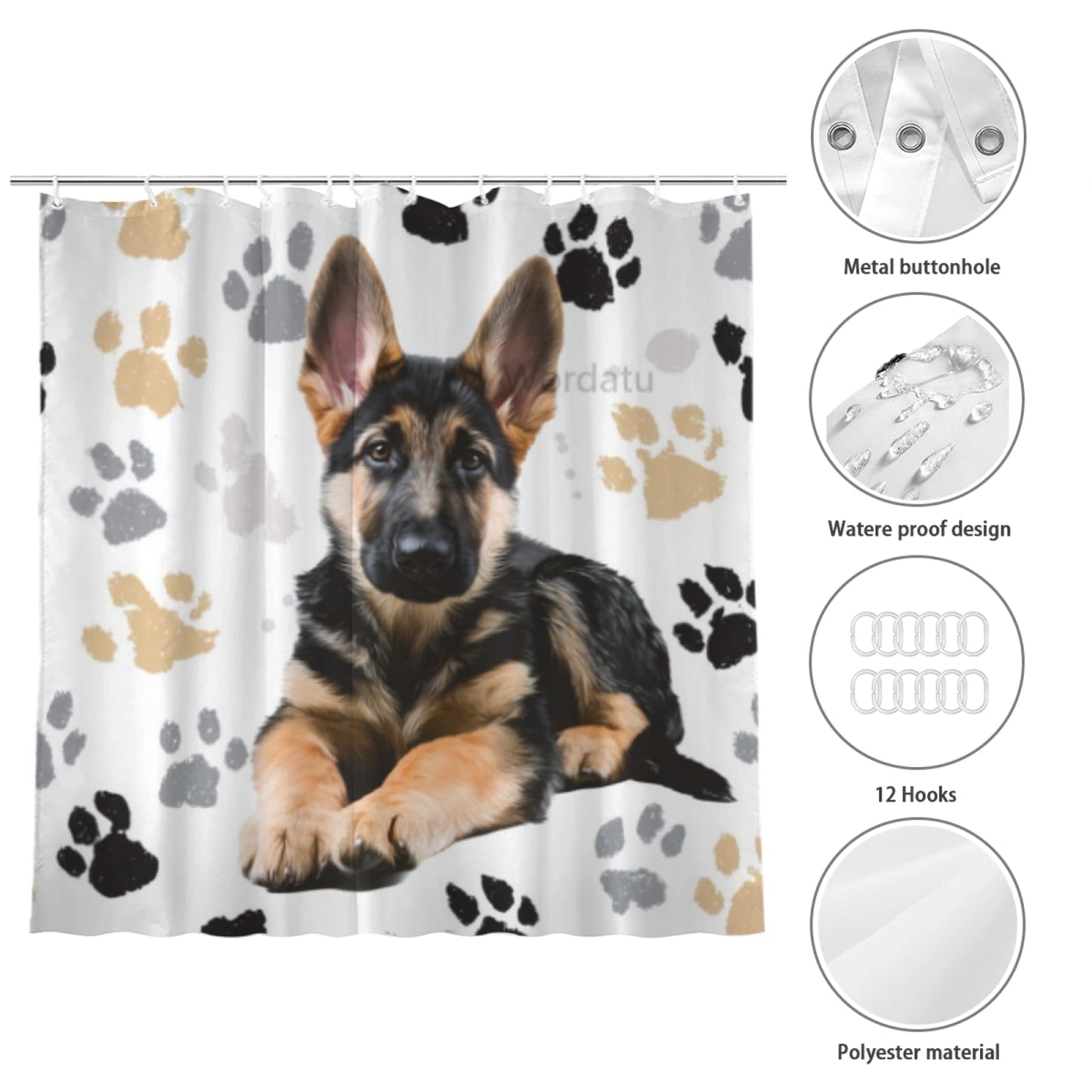 Wordatu Shower Curtain Pawprint German Shepherd Animal Paw Black and Gray Waterproof Polyester Fabric 72x72 Inches Set with Hooks