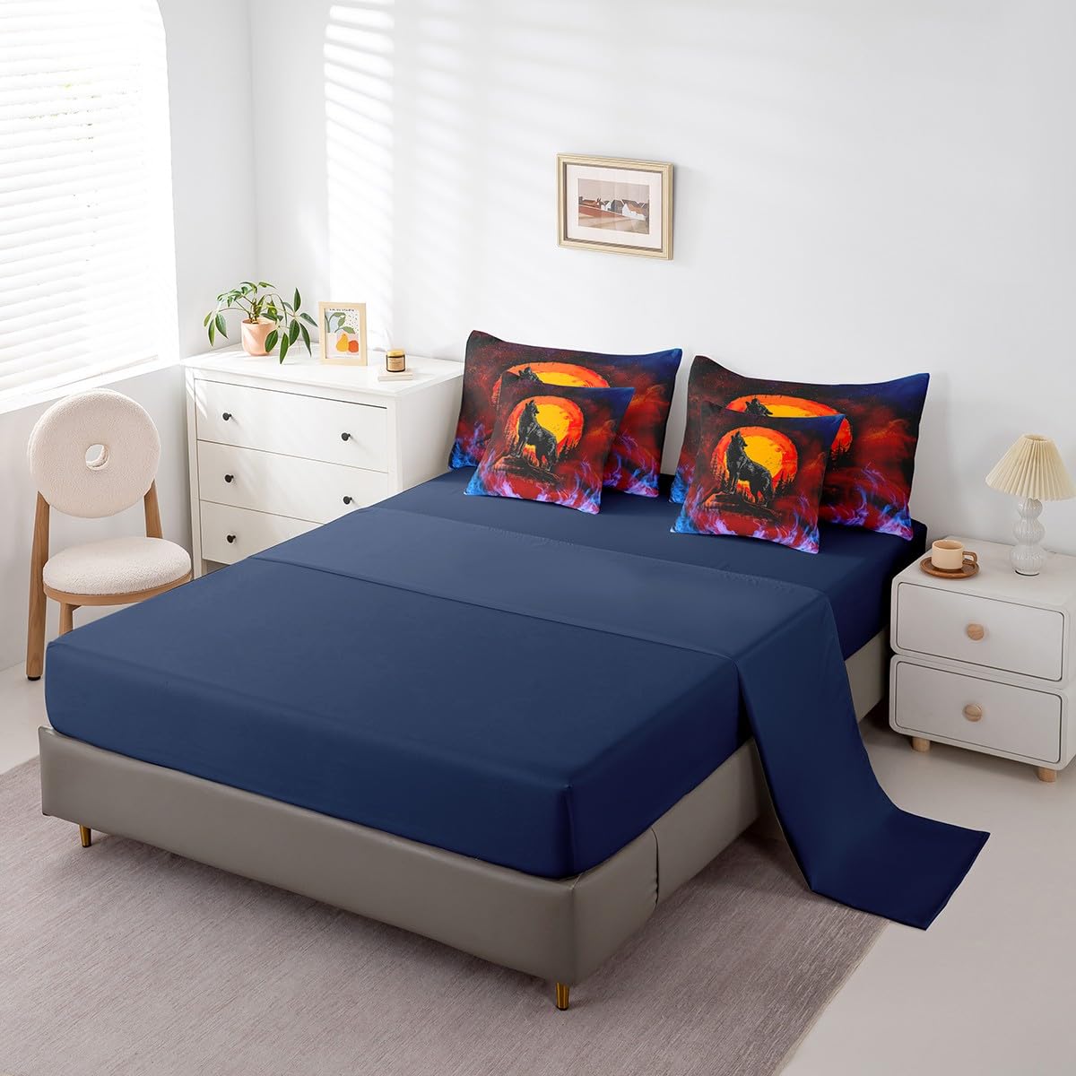 Feelyou Boys Girls Wolf Bed in A Bag Twin Size, Wolves Howling Comforter Set with Sheets Kids Western Wild Animal 7 Pieces Bedding Set Mountain Moon Teens Bed Set Bedroom Decor 7Pcs