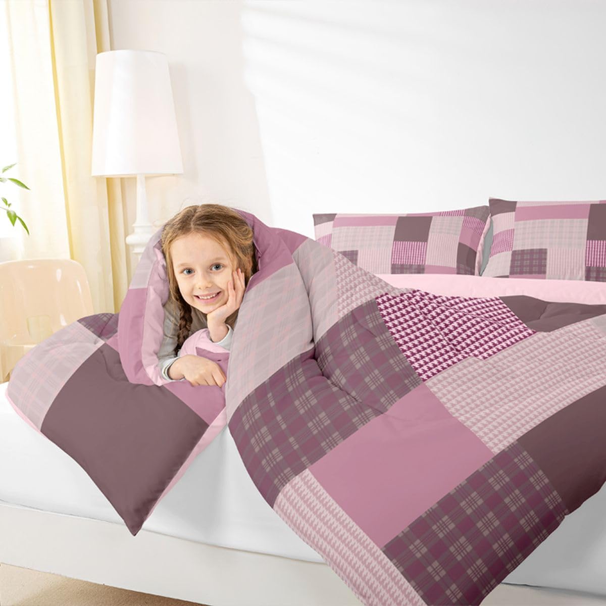 jejeloiu Plaid Bedding Set Soft for Boys Girls, Patchwork Comforter Set Queen Size Check Checkered Duvet Quilt Microfiber Grid Geometric Bedroom Decor 3 Pcs with 2 Pillow Cases
