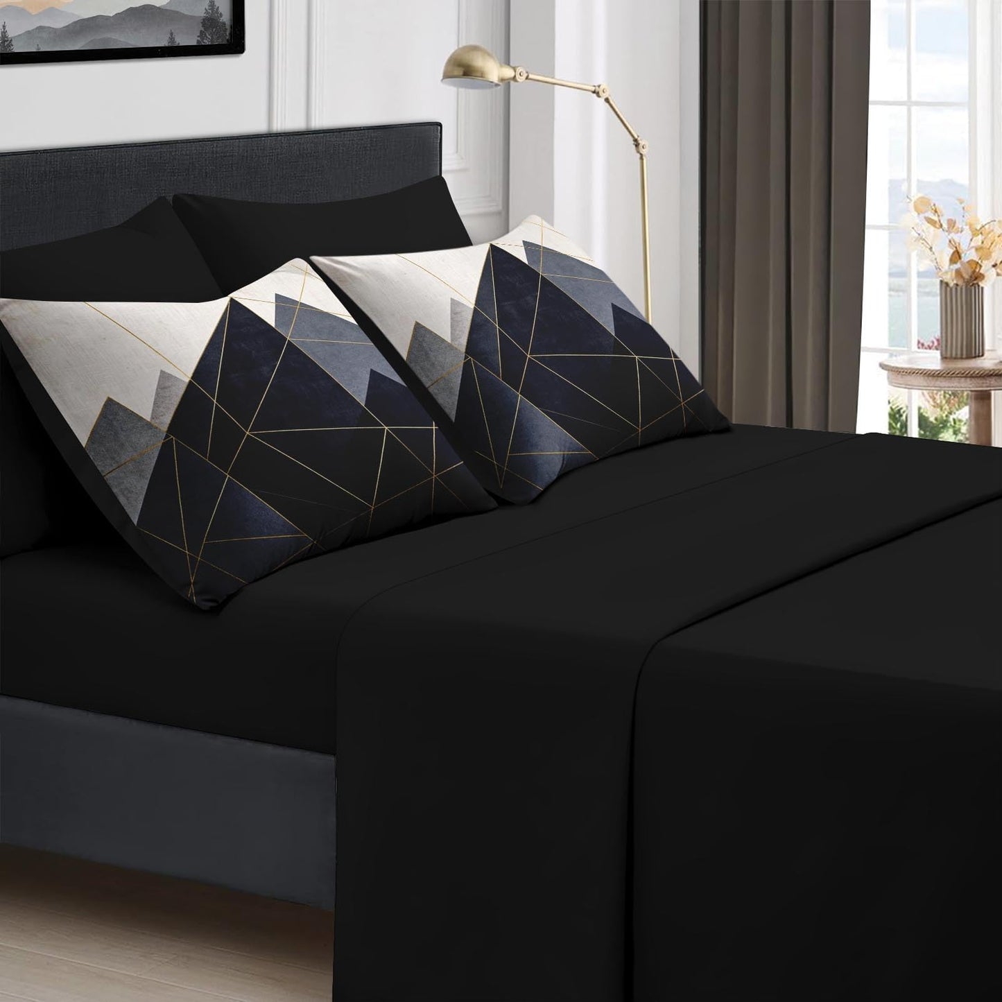 Boewywh Comforter Set Twin Size Mountain Geometric Abstract 7 Pcs, Bedding for Kids and Adults, Modern Gold Bed Sheet Sets with Fitted Sheet 2 Pillowcases & 2 Shams for Bedroom Bed Decor