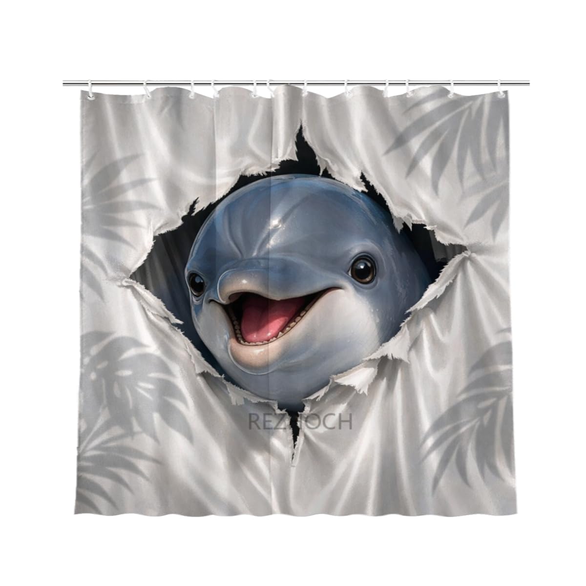REZHOCH Cute Dolphin Shower Curtain 72x72Inch Fun Animal Hole Peeking Bath Curtain Waterproof Fabric Grayish White Rainforest Leaves Kid Adult Home Bathroom Decor with Hooks