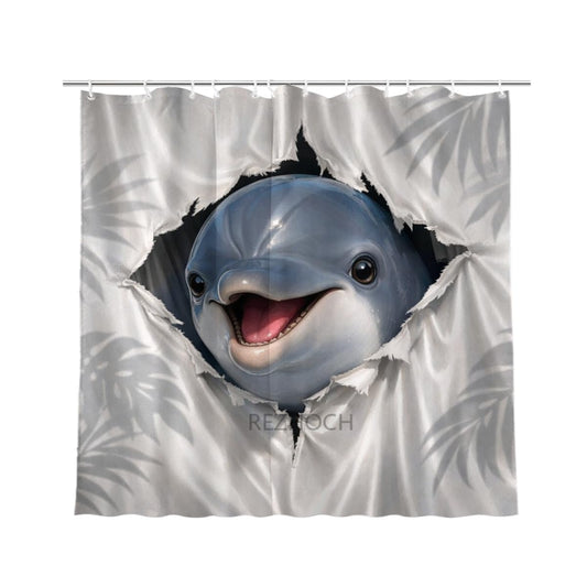 REZHOCH Cute Dolphin Shower Curtain 72x72Inch Fun Animal Hole Peeking Bath Curtain Waterproof Fabric Grayish White Rainforest Leaves Kid Adult Home Bathroom Decor with Hooks