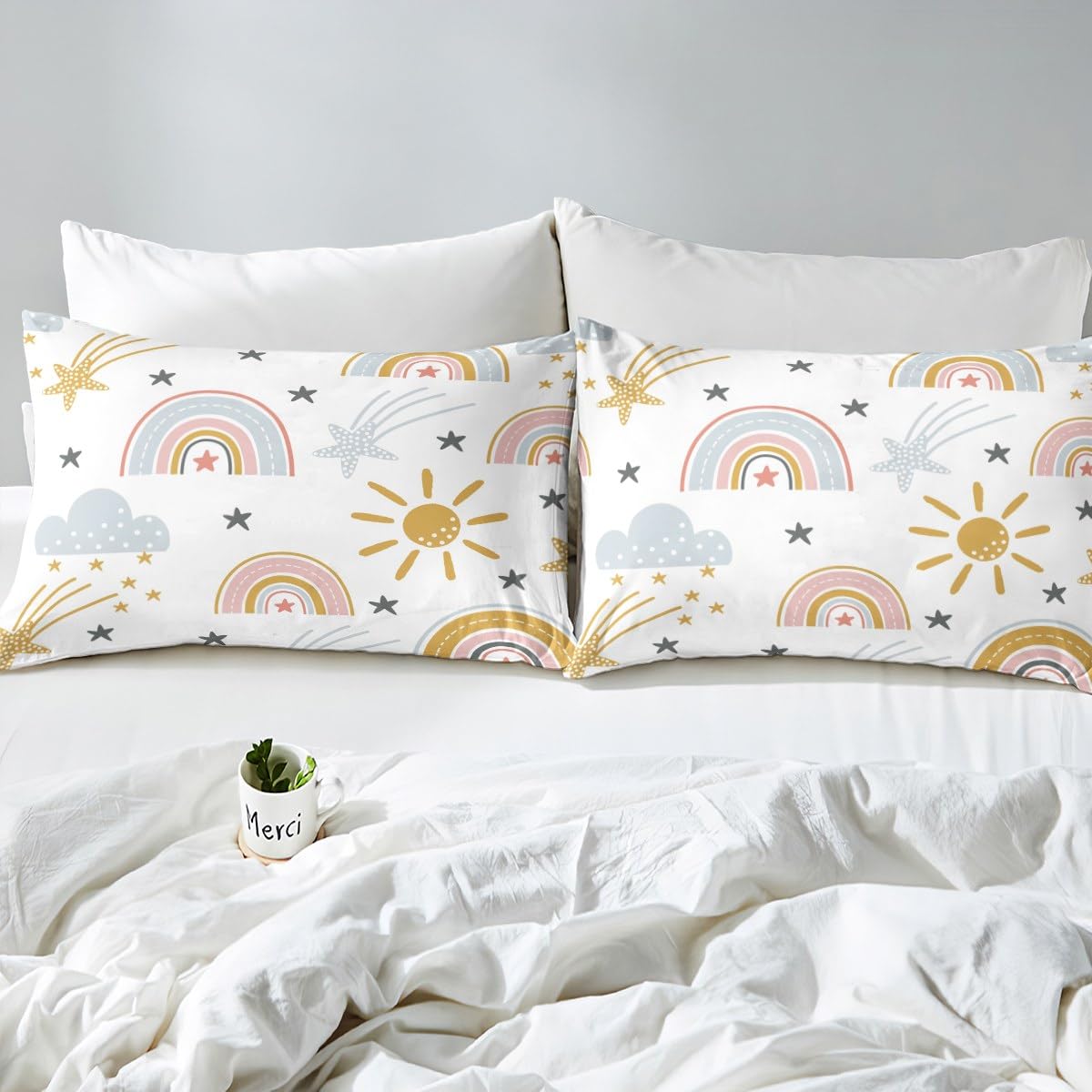 Erosebridal Girls Rainbow Fitted Sheet Sun and Stars Bed Sheets Full Size for Kids Boys Children Cartoon Cloud Bedding Set Girly Soft Microfiber Bed Sheet Home Decor with 2 Pillow Cases(No Flat Sheet)