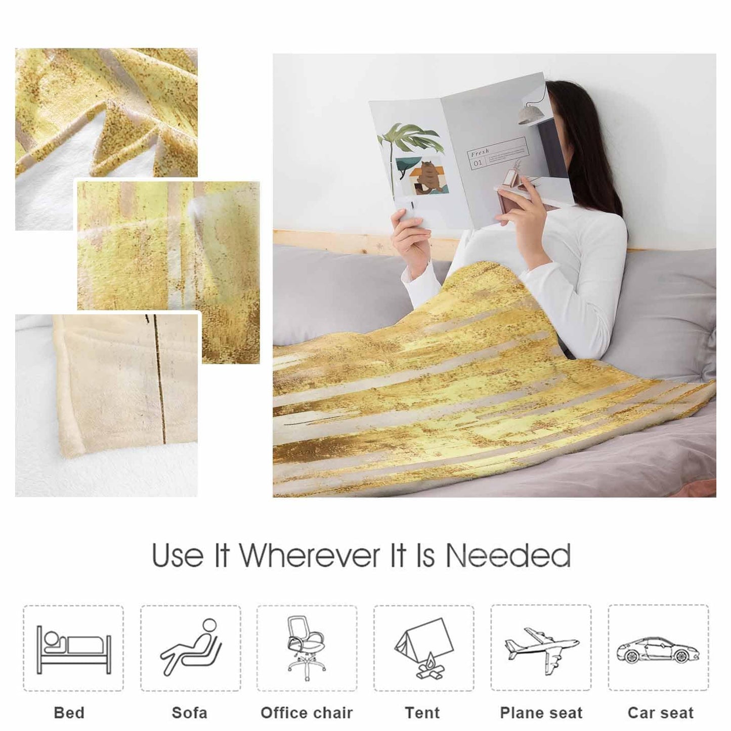 Abstract Gold Throw Blankets Bedding, Modern Brush Luxury Strokes Artwork Flannel Fleece Microfiber Soft Blankets, Warm Bed Blanket Throws for Chair Sofa Couch Bedroom Camper 50x80 in