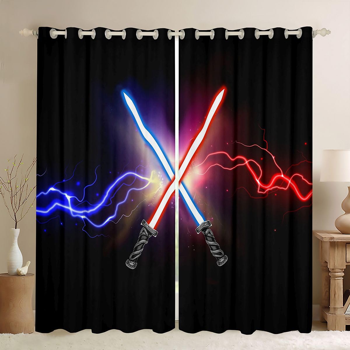 Castle Fairy Lightsaber Window Drapes,Blue Red Neon Lightning Sparkling Home Decor Curtains,Boys Games Starry Galaxy Black Durable Blackout Curtains for Kids Gifts,2 Panels, 38Wx54L inch