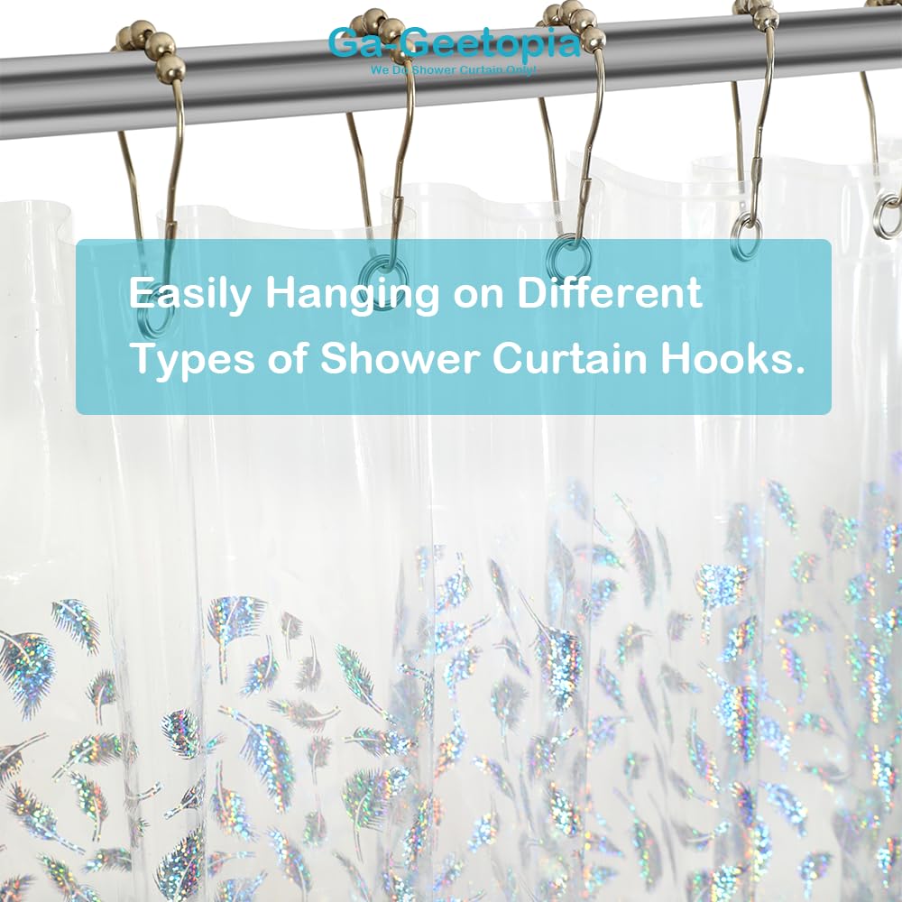 Holographic 3D EVA Shower Curtain Liner Glitter Feather, 72x72 Premium Clear Plastic Bathroom Shower Curtain with Rustproof Metal Grommets for Shower Stall, Bathtubs
