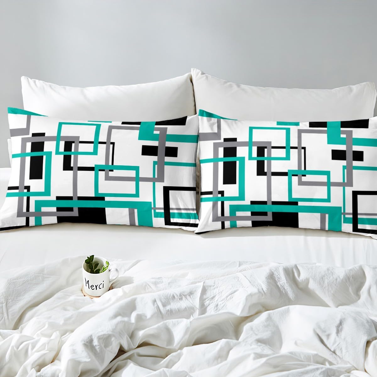 Erosebridal Square Duvet Cover for Teens Youth,Black White Blue Bedding Set,Geometric Comforter Cover Modern Bedroom Decor,Mid Century Grid Bed Sets with 2 Pillowcases Zipper&Ties,Queen