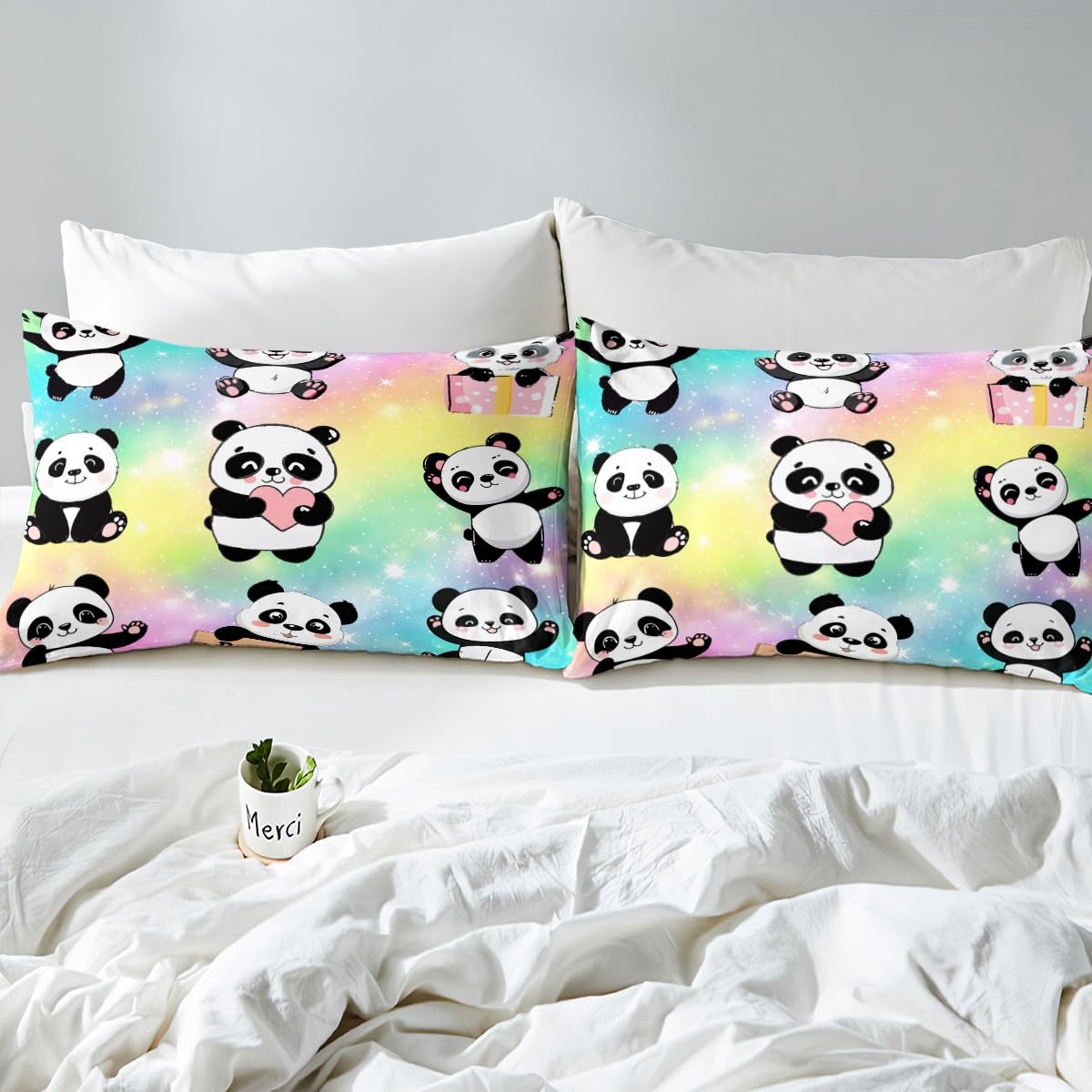 Erosebridal Girls Rainbow Sheets Kids Panda Bed Sheets Sparkle Stars Queen Sheet Set Pastel Glitter Top Sheet Super Cozy Lightweight Sheet & Pillowcase Sets 4 Piece with 2 Pillow Sham
