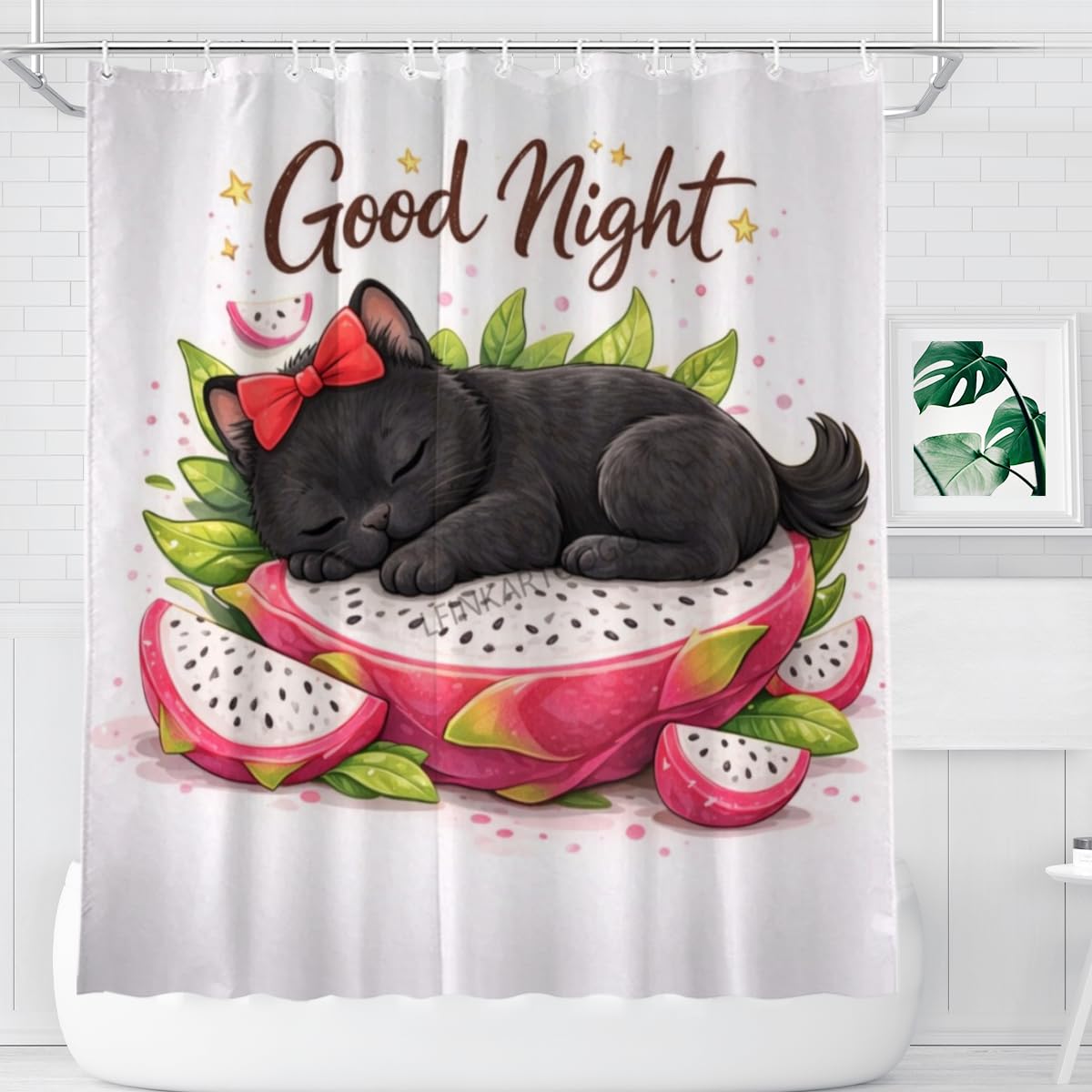 LFINKARTGOGO Cute Black Cat Shower Curtain Good Night 72x72 with 12 Hooks Bathroom Decor Waterproof Washable Polyester for Home Bathroom