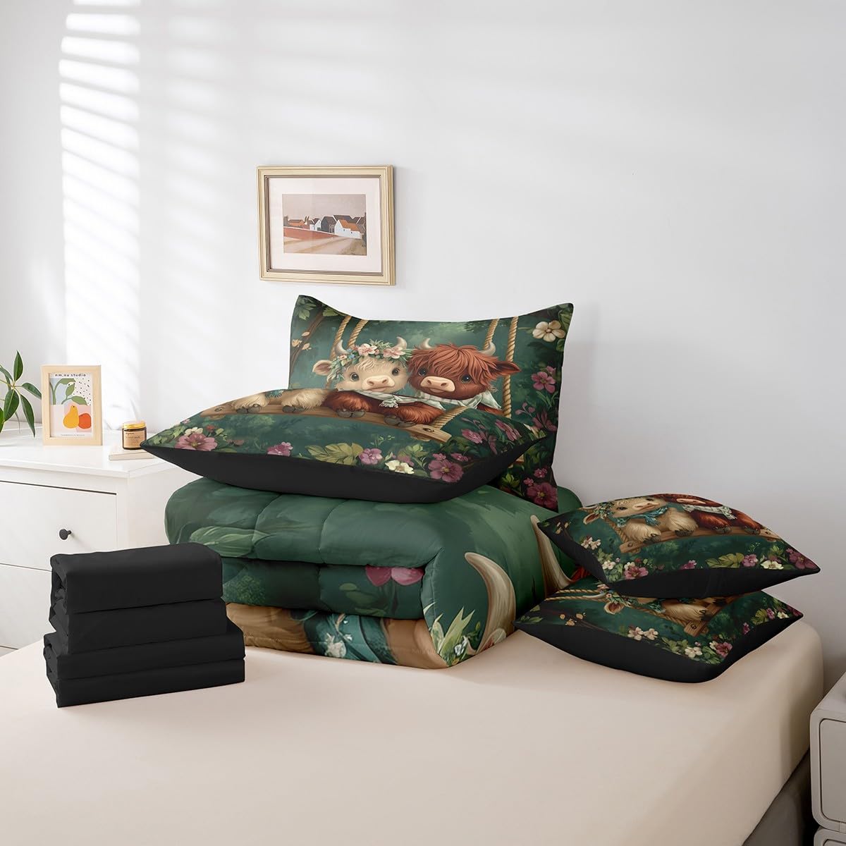 Erosebridal Highland Cow Comforter Set King Size,Western Cow Bedding Set for Kids Teens,Farmhouse Animal Bed in a Bag （Comforter, Sheets, Pillowcases & Cushion Covers）