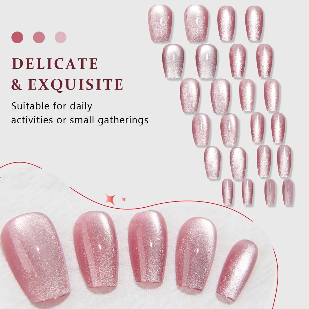 evpct Pink Cat Eye Press on Nails Square Medium Coffin No Glue, Medium Square Stick on Nails for Women, Plum Pink Metallic Glitter Glossy Reusable Spring Summer Press on Acrylic Fake Nail with Design