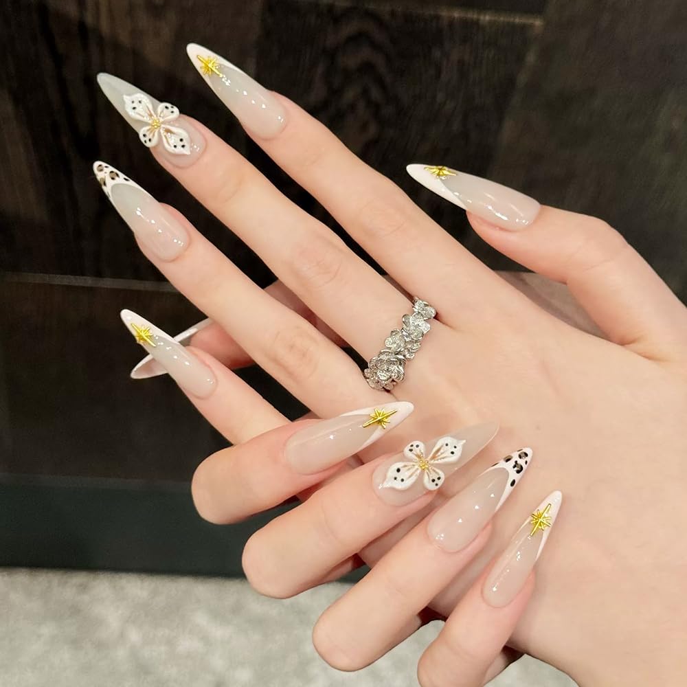 Handmade Press on Nails Long Stiletto Fake Nails French Tip Leopard print with 3D Flower Gold Designs Glossy Cute Acrylic Nails for Women 10pcs (Size M）