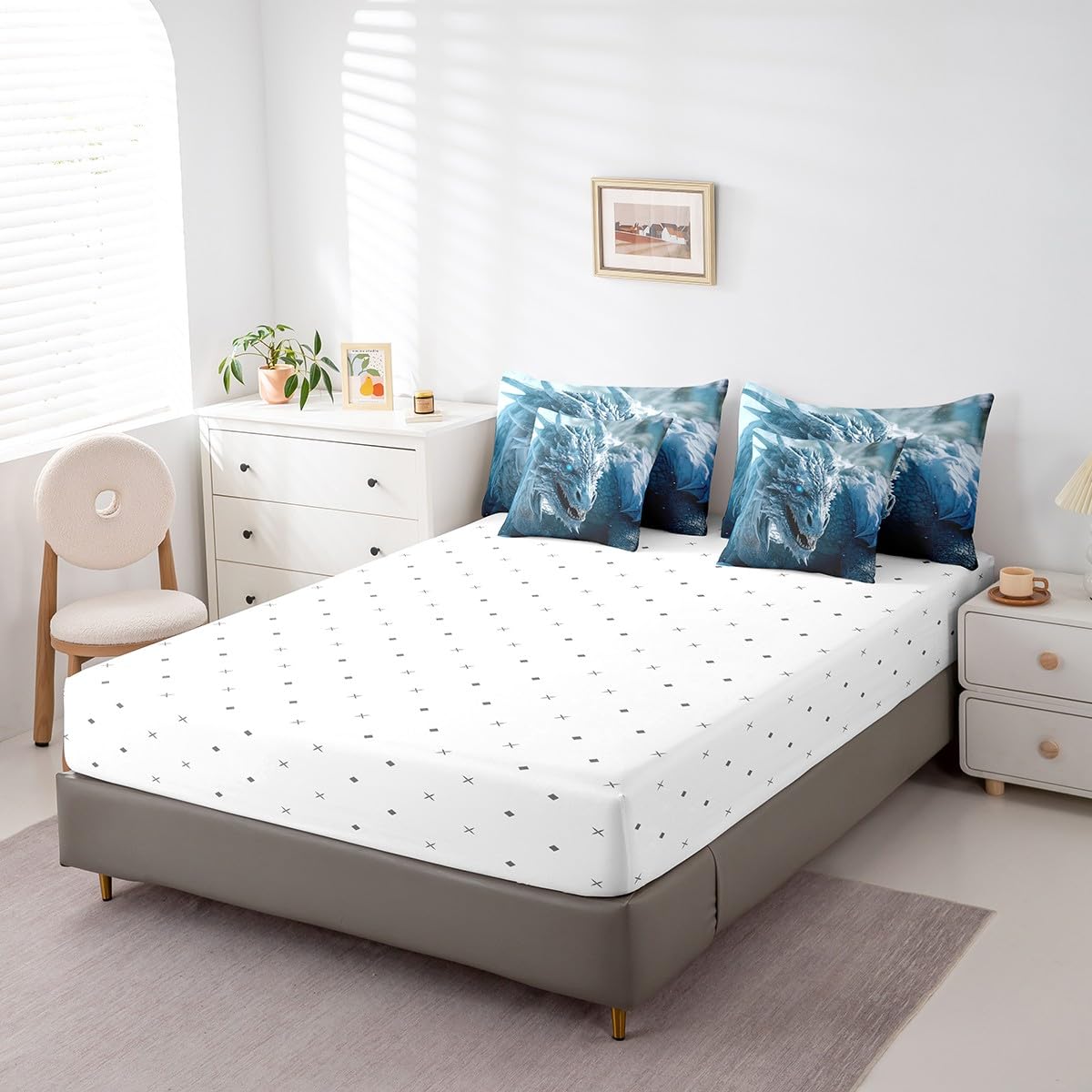 7Pcs 3D Dragon Comforter Sets & Collections Ice Dragon Queen Size Bedding Sets for Boys 3D Blue Dragon Comforter with Sheets, Mysterious Wildlife Style Quilt Comforter Set Bed in a Bag 7-Piece