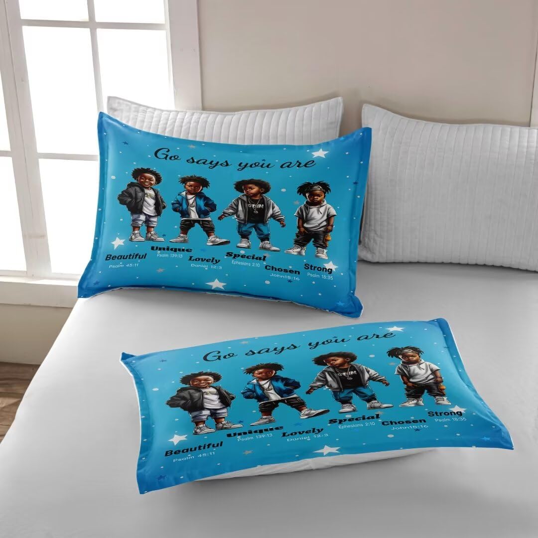 GRAT TIOC Black Comforter Set for Kids Teens Twin, Cute African American Boy Bedding, Afro Melanin God Says I Am Christian Bedroom Set 3 Pcs With 2 Pillowcases
