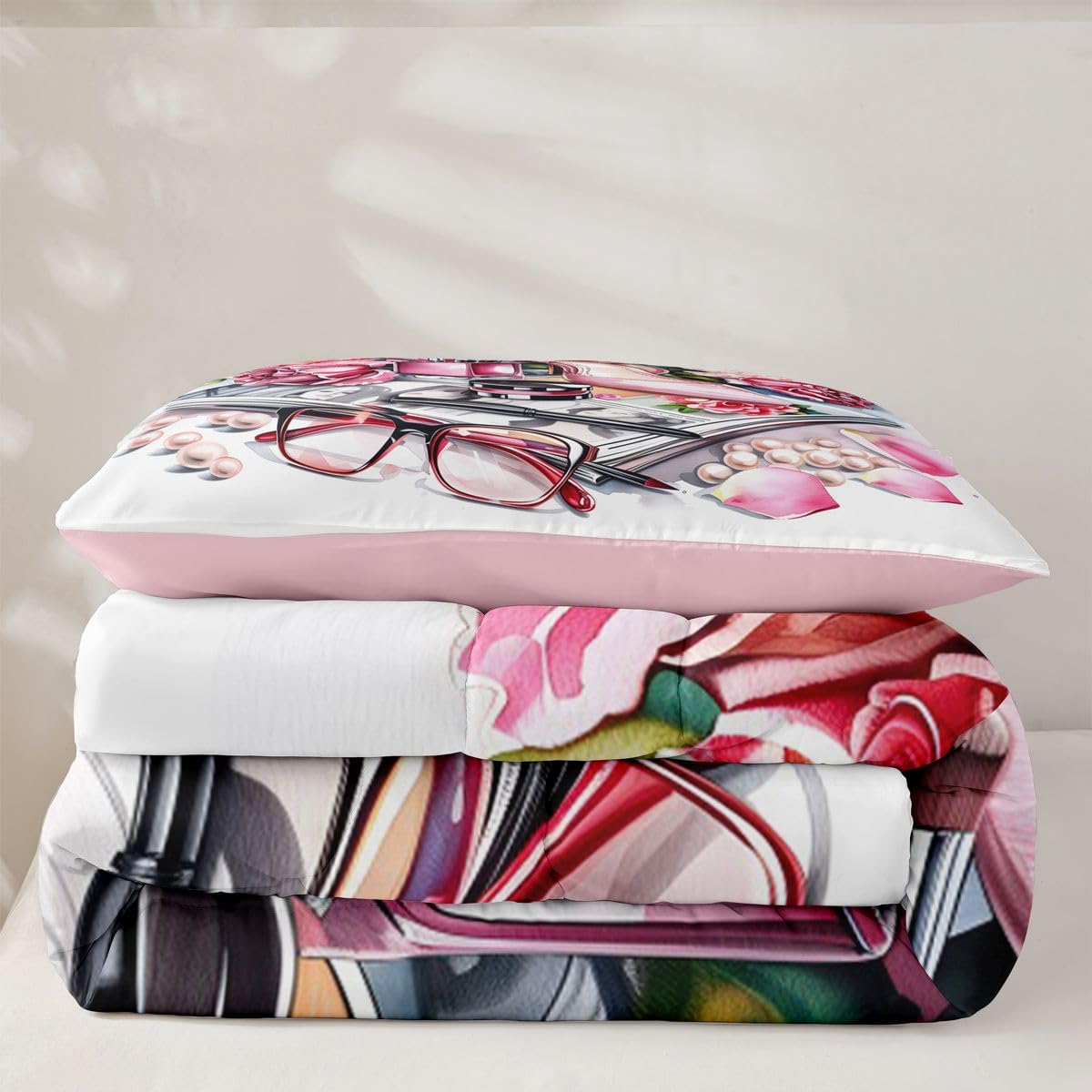 Erosebridal Pink High Heel Comforter Set Romantic Rose Floral Twin Bedding Sets for Girls Young Boys Beauty Perfume Girly Comforter Modern Fashion Quilt
