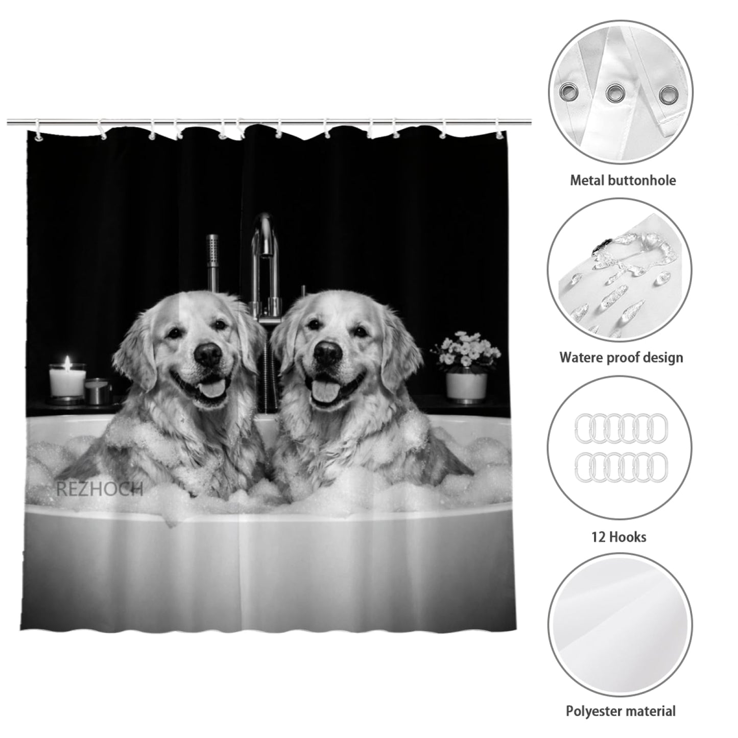 REZHOCH Funny Golden Retriever Dog Shower Curtain 72x72 Inch Black and White Luxury Home Bathroom Decor,Cute Animals in Bathtub Modern Minimalist Pure Black Background Farmhouse Bath Set