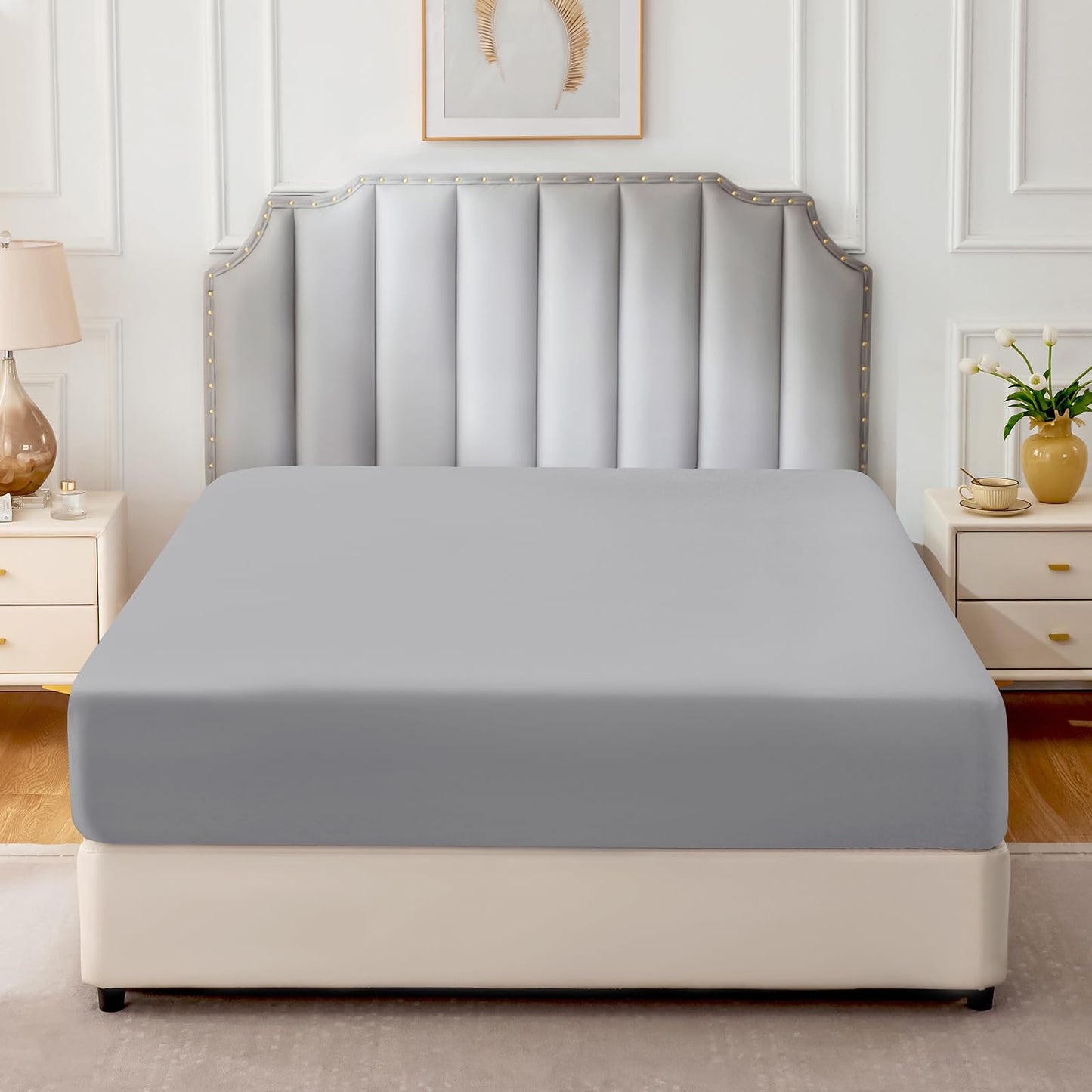 FreshCulture Pure Cotton Fitted Sheets Queen Size, 300 Thread Count Percale Sheets for Queen Size Bed, Soft & Breathable Cotton Sheets, Luxury Size Fitted Sheet Only (Light Grey)