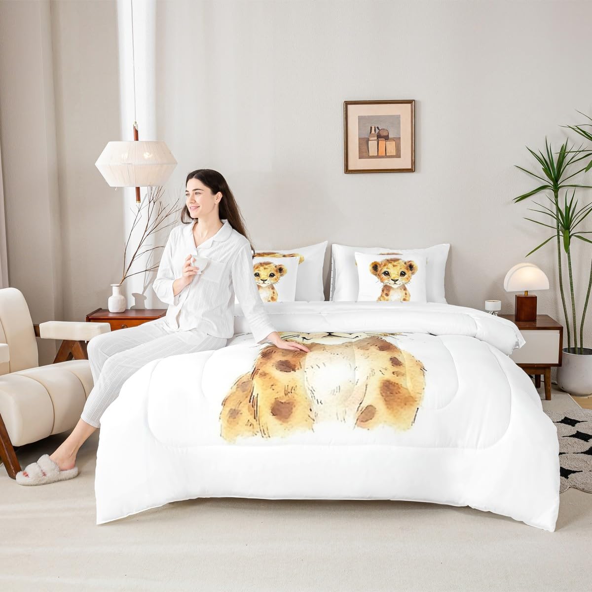Erosebridal Kawaii Lion Twin Size Comforter Set with Sheets Kids | African Jungle Animal 7-Piece Bedding Set Tropical Forest Wildlife Pattern Bed in a Bag Cartoon Wild Safari Animal Bed Quilt Sets