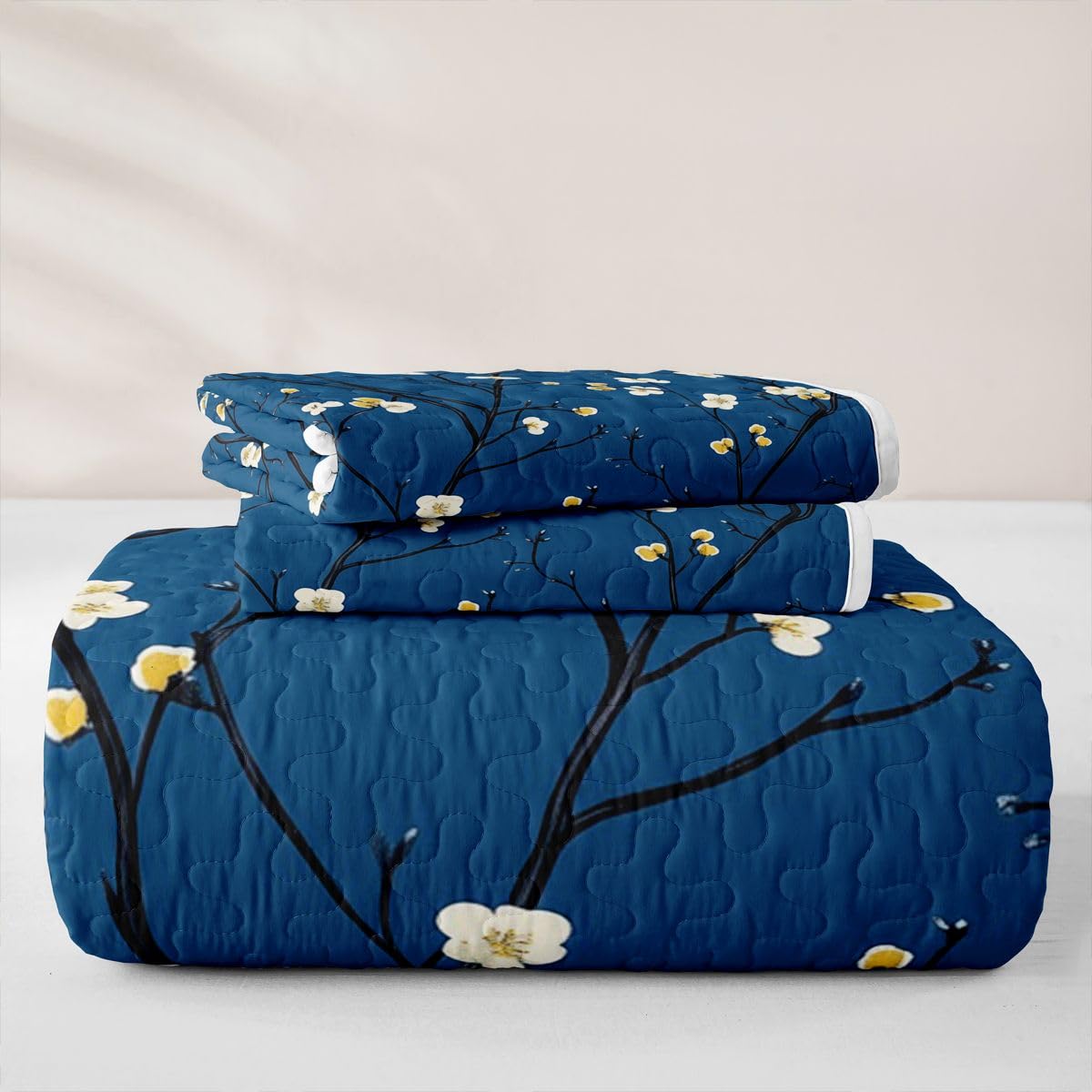Erosebridal Spring Flowers Quilts Twin Size - Japanese Cherry Blossom Bedspread Coverlet Set, Floral Decor Quilt Coverlets 2Pcs (Only 1 Pillowcase)