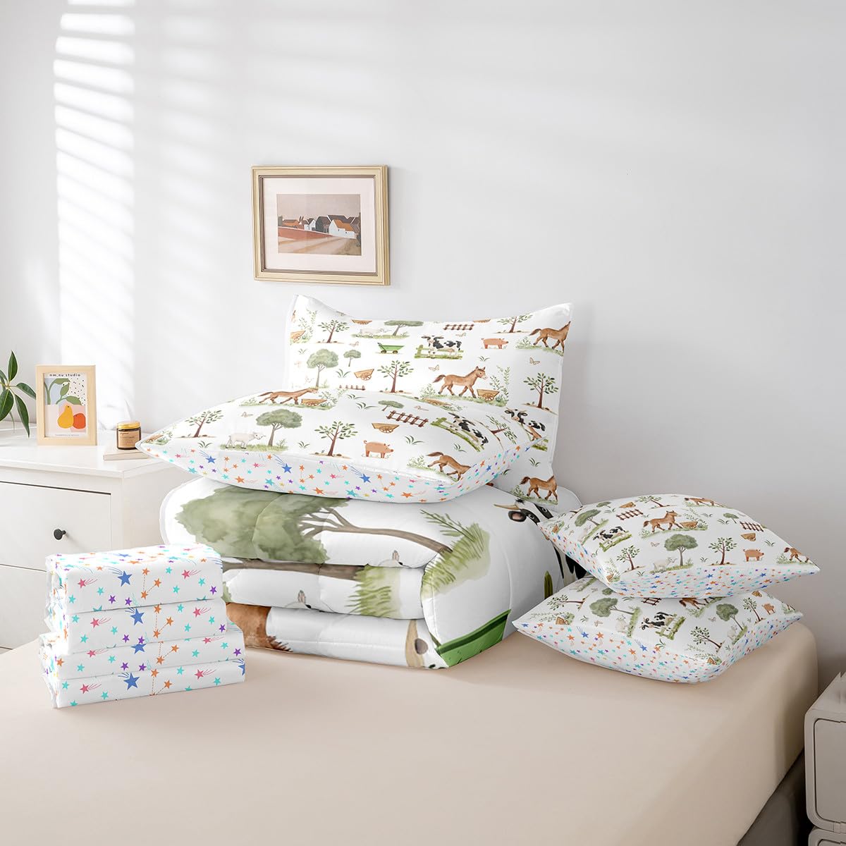 Erosebridal 7 Pcs Cute Farm Animals Kids Comforter Set Cartoon Horse Sheep Cow Pig Twin Bedding Set for Child Rustic Farmhouse Cabin Comforter Woodland Animal Trees Top Sheet for Boys Girls Bedroom
