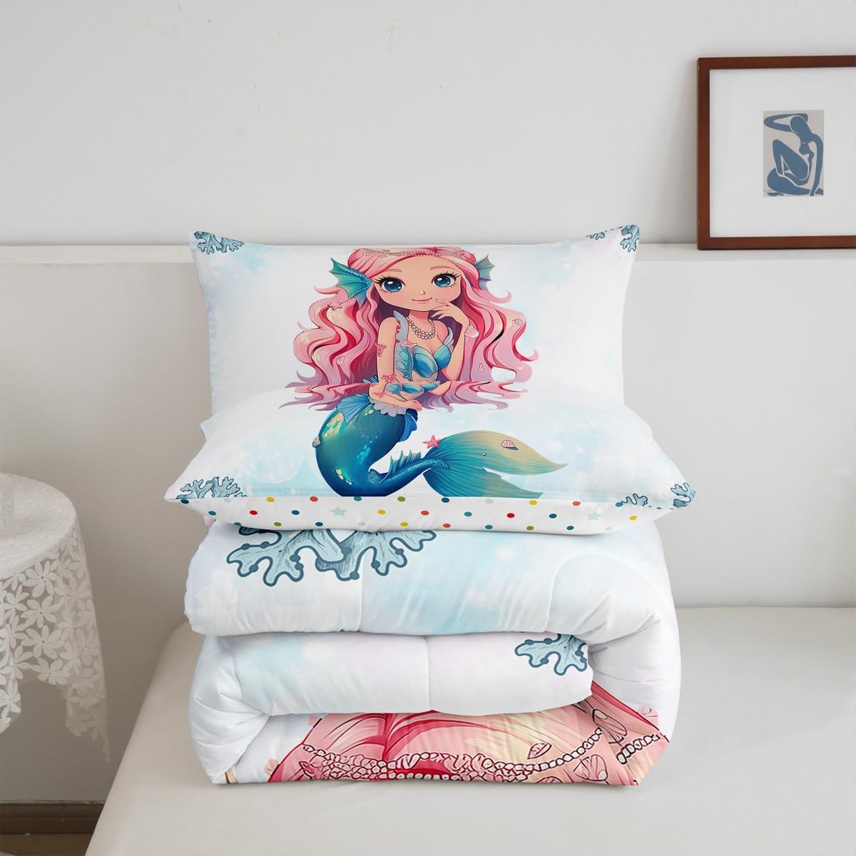 Erosebridal Mermaid Black Girls Bedding Set Afro Girl Twin Comforter Set for Girls,American African Princess Magical Quilt for Toddler Kids Teenager,Ocean Fish Coral Cute Room Decor