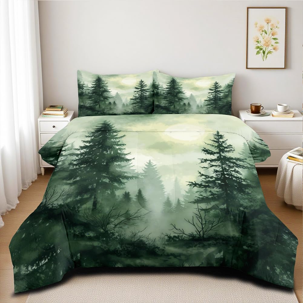 CCoutueChen Olive Green Botanical Comforter Set King Size Green Woodland Forest Tree Comforters Ombre Nature Landscape Bedding Set Army Green Pine Trees Bedding Ultra Soft Microfiber