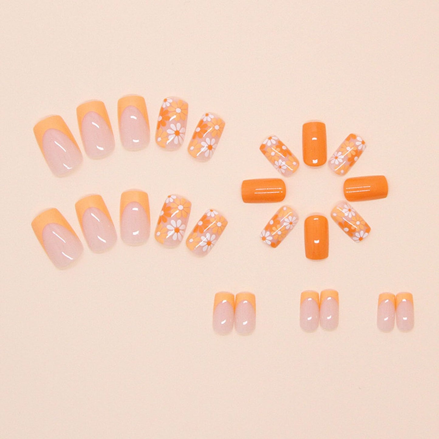 Medium Square Press on Nails Yellow French Tip Fake Nail with Flowers Design Orange Full Cover Glossy Acrylic Nails Press ons Spring Glue on Nail for Girls 24Pcs