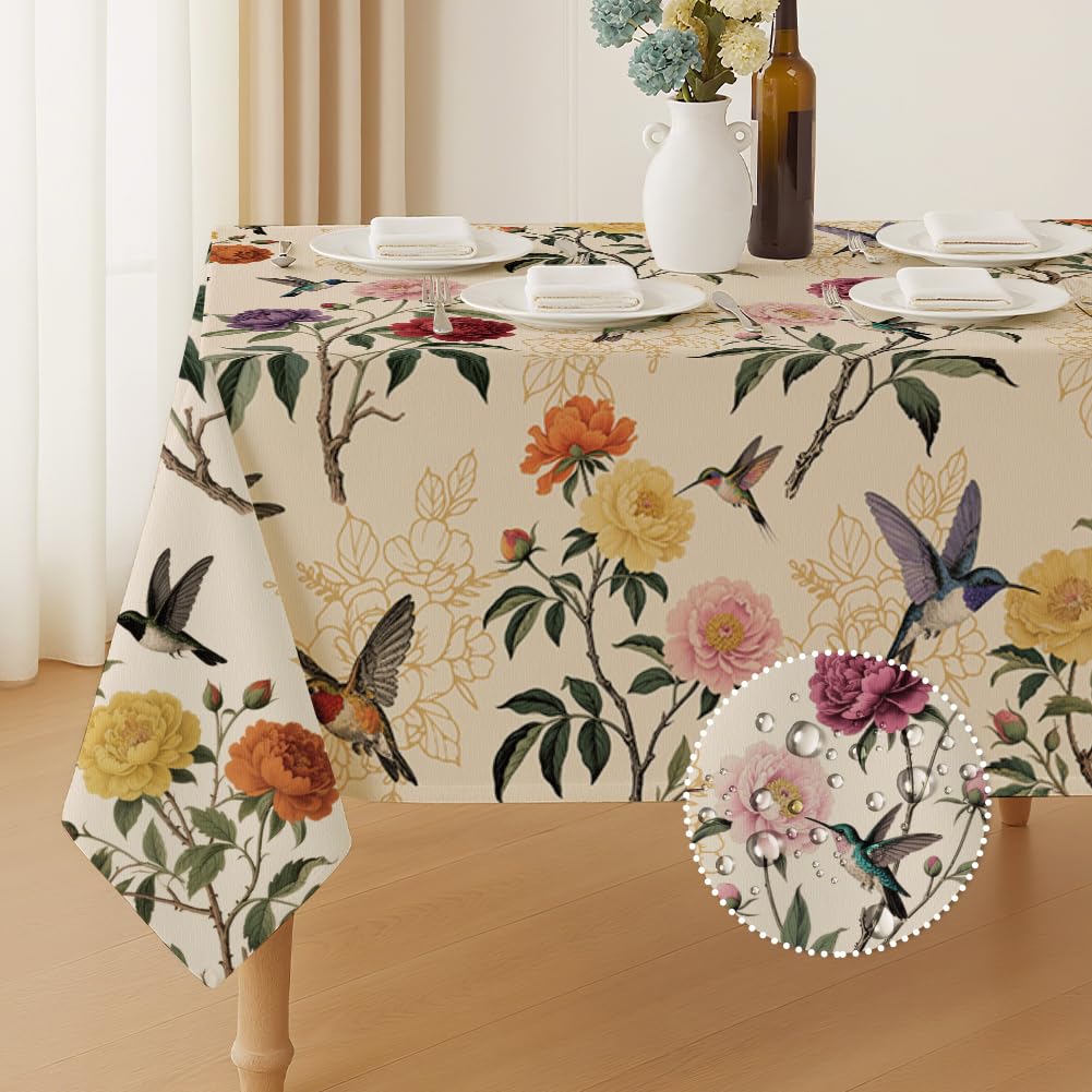 ANATTASOUL Hummingbird and Peony Rectangle Table Cloth Waterproof 6ft Fall Spring Summer Tablecloth, 84"x60" Stain Resistant and Wrinkle Free Table Cover for Dining Party Buffet Camping Wedding