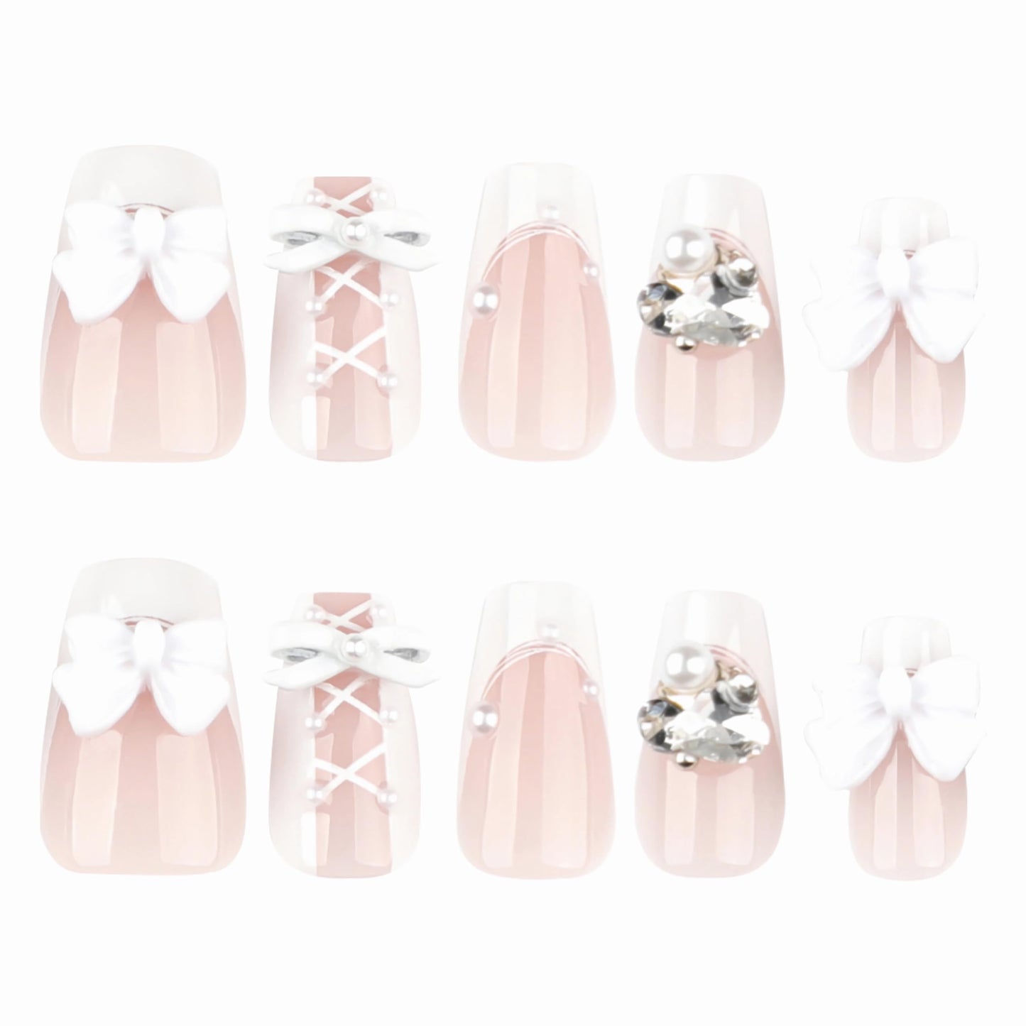 BABALAL Acrylic Press on Nails Medium Coffin Fake Nails - White French Tip, Bow Charm & Shiny Rhinestone Luxury Design, Handmade Manicure 24Pcs Full Cover False Nails