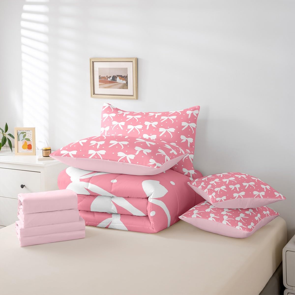 Feelyou Bow Comforter Set with Sheets 7 Piece Queen Size Cute Bowknot Bedding Set for Kids Boys Girls Princess Style Bed in a Bag Pink and White Room Decor Kawaii Soft Lightweight Microfiber