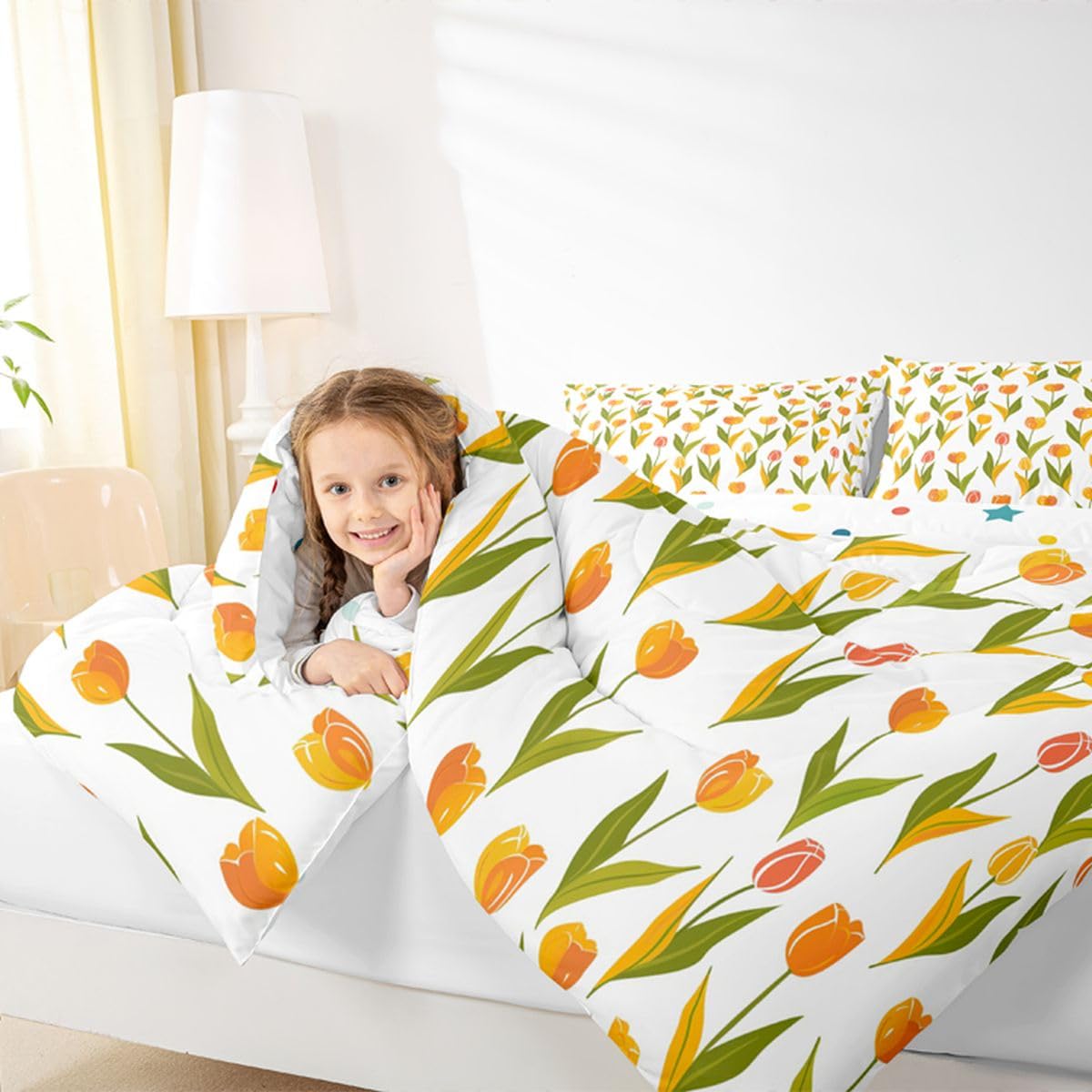 Feelyou Tulip Comforter Set Queen Size Cute Floral Bedding Set for Kids Boys Girls Cartoon Flower Duvet Quilt Plant Bedroom Decor Microfiber 3 Pcs with 2 Pillow Cases