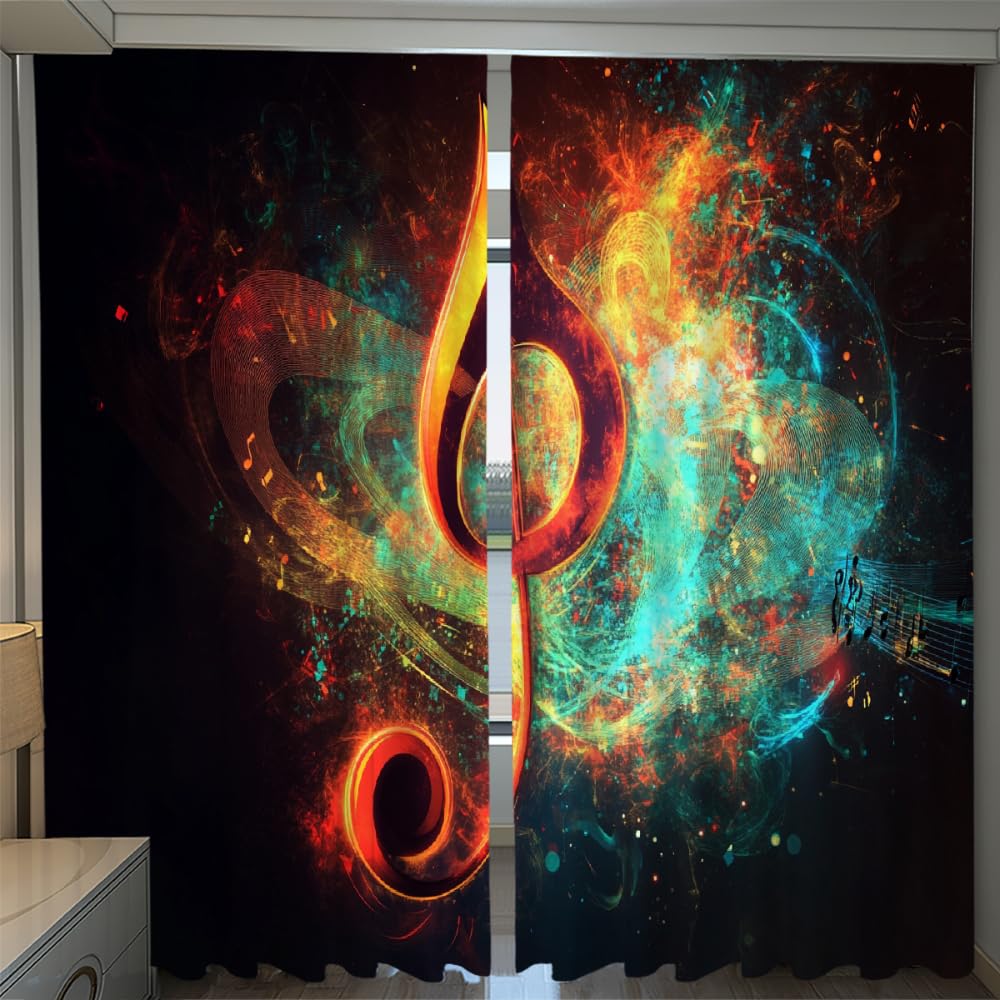 Bright Music Notes Blackout Curtains 2 Panels, Multi Colored Background 3D Printed Drapes, Energy Saving Noise Reducing Window Curtain for Living Room and Bedroom Kitchen(63" W x 63 "L)