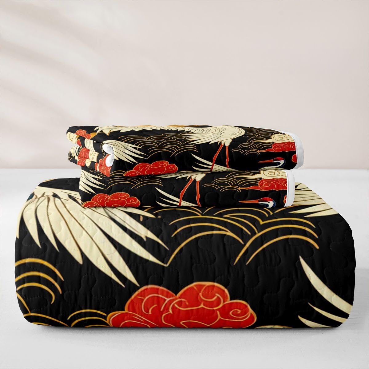 Erosebridal Gold Red Sun Quilts Twin Size - Black White Crane Bedspread Coverlet Set, Japanese Style Clouds Stripes Quilt Coverlets 2Pcs (Only 1 Pillowcase)