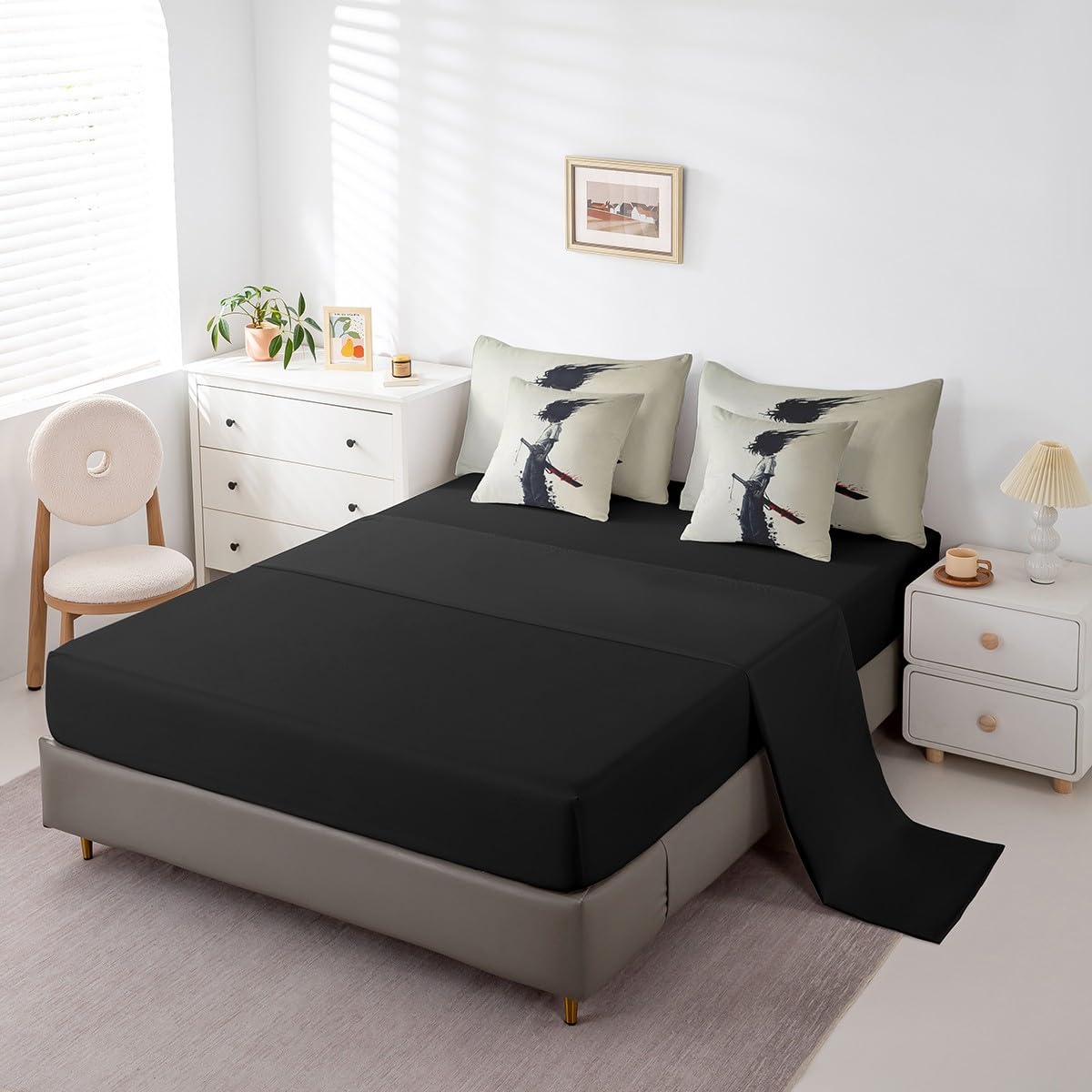 jejeloiu Kids Afro Samurai Comforter Set 7 Pieces Full Size Anime Bedding Set for Boys Girls Japanese Style Bed in a Bag with Comforter, Sheets, Pillowcases & Cushion Covers