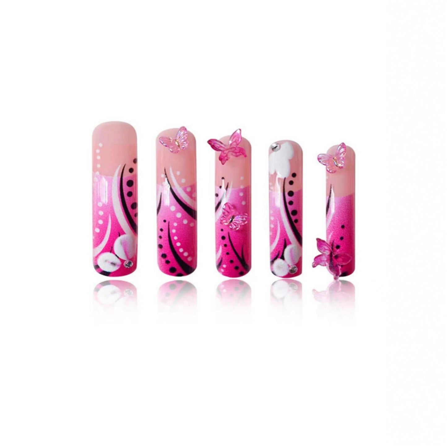 Curved Press on Nails Long Fake Nails Pink Artificial Nail Floral and Rhinestones Designs Stick on Nail for Women 24pcs