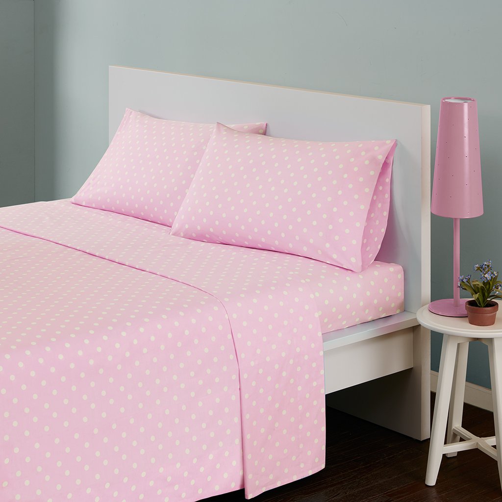Intelligent Design Pink Queen Size Sheet Sets Kids Polka Dot Sheets for Girls 100% Cotton Percale Soft Flat and Fitted Sheet, Pillowcase, Breathable All Season Bed Set, Fits up to 14" Mattress