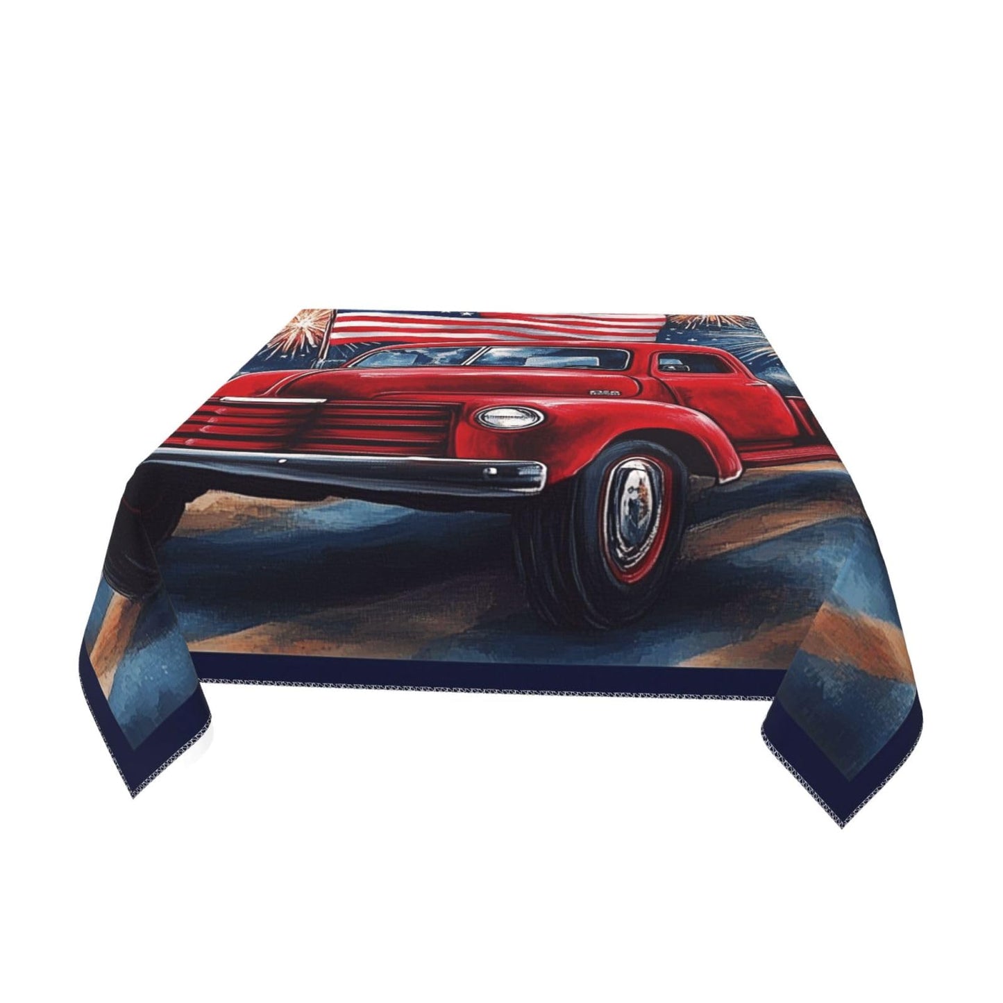 Entemne Square Table Cloth 55x55 Inch Independence Day Red Truck Flag Tablecloth Washable Soft Wrinkle Free Dust Proof Card Table Cover for Tea Party Picnic Kitchen Dining Decor