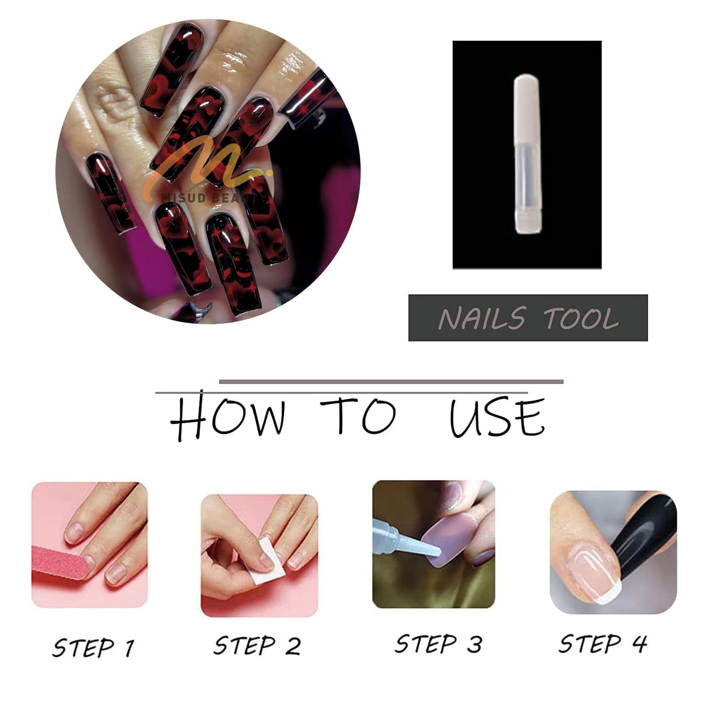 MISUD Press on Nails - Long Square Fake Nails with Goth Red Black, Acrylic Heart Mask Design 24 pcs