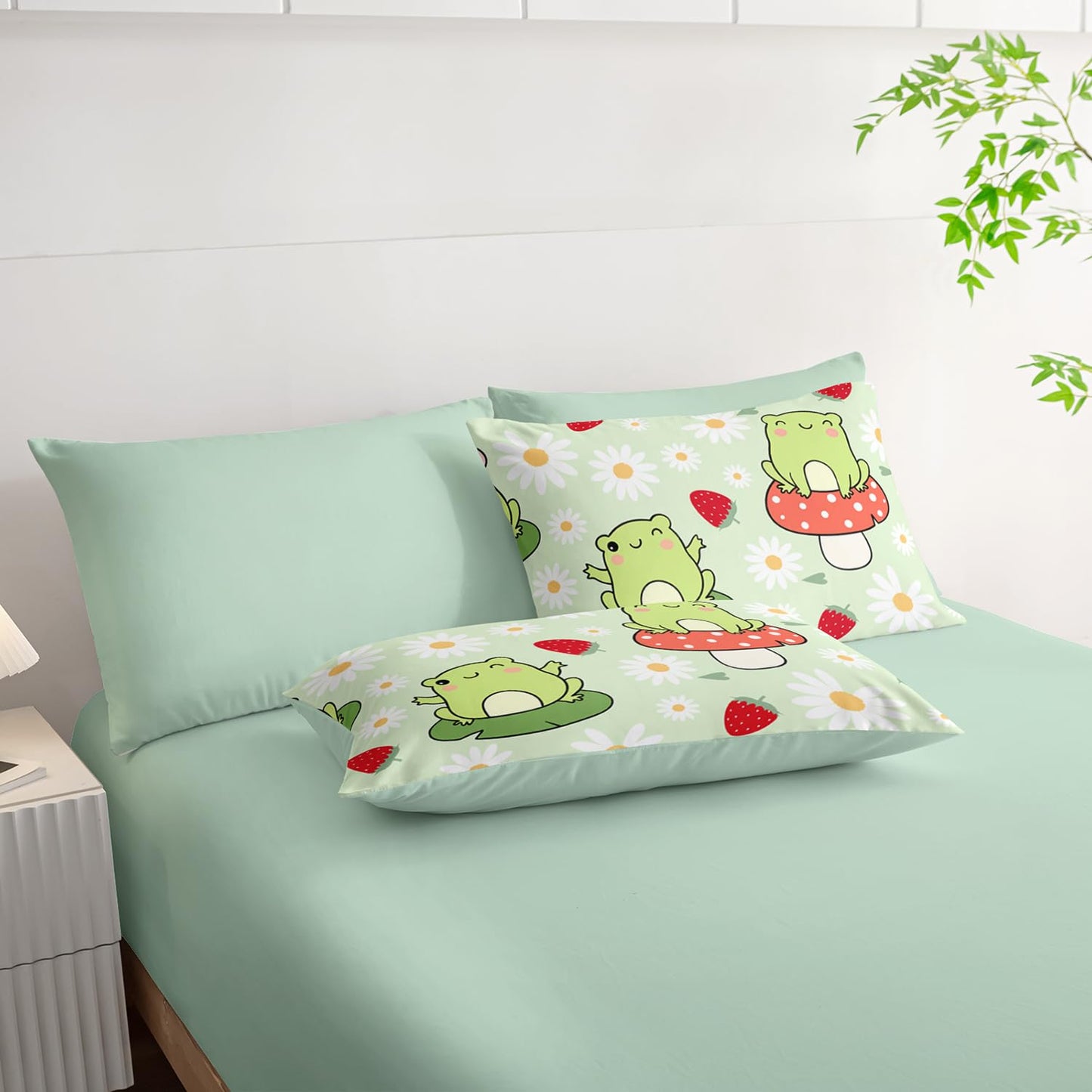 AILONEN Kawaii Frog Comforter Set Full 7-Piece Bed in a Bag,Green Cute Frog Bedding Set for Kids Boys Girls,Soft Comforter & Fitted Sheet with Flat Sheet,2 Pillowcases,2 Pillow Shams
