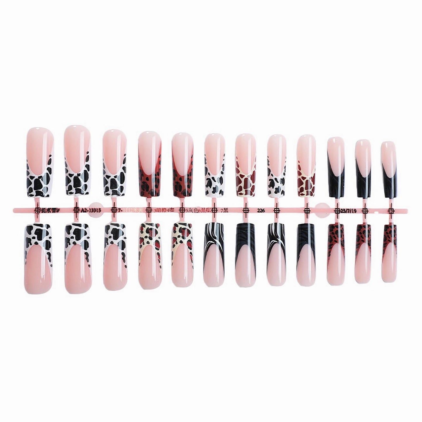 MISUD Press on Nails - Long Square Fake Nails with French Tip, Acrylic Cheetah Cow Print Design 24 pcs