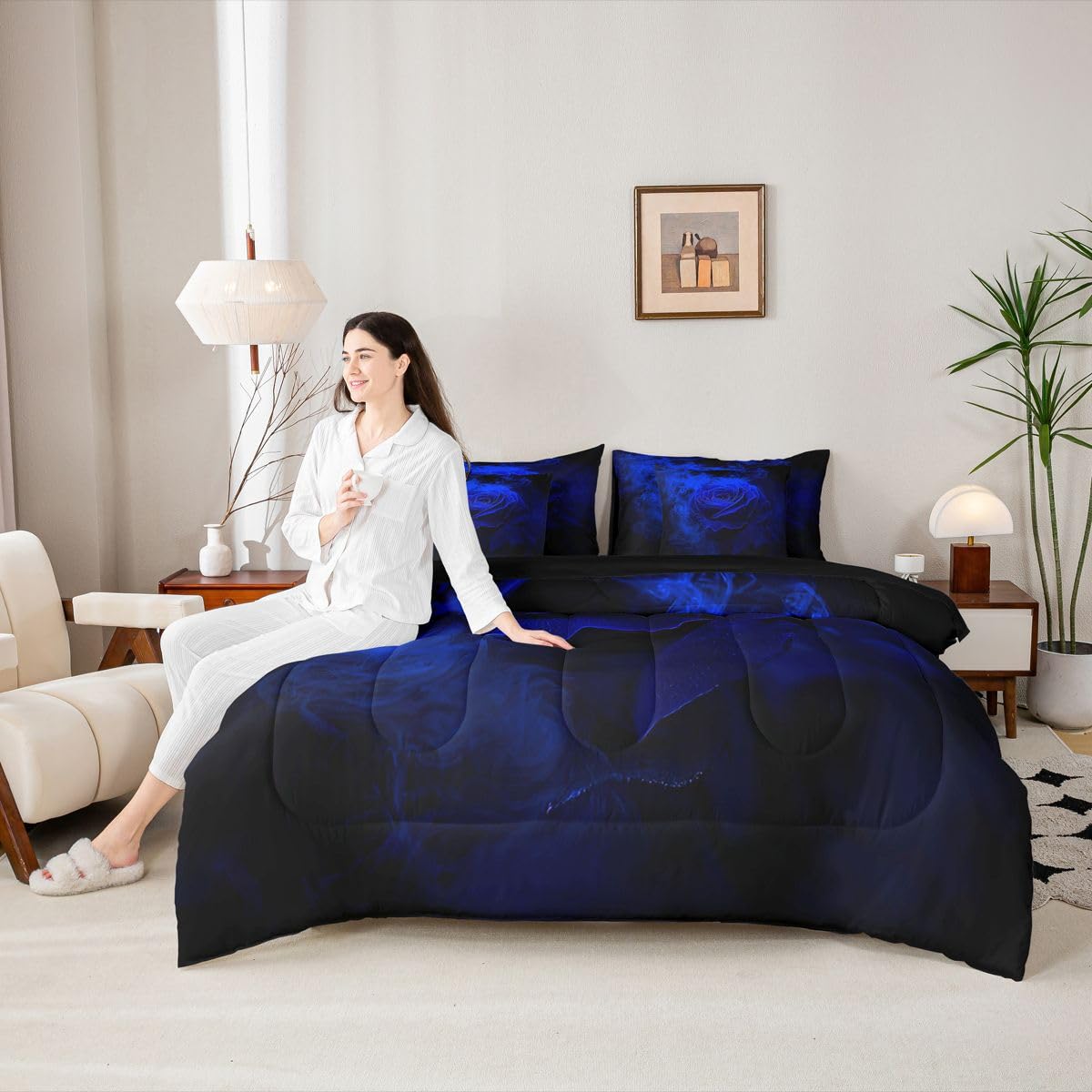 Erosebridal Rose Floral 7 Piece Comforter Set Full Ombre Black Blue Bedding Set for Girls Women Romantic Valentine Sheets 3D Print Flowers Quilt Comforter Blossom Petals Sheet Set Bedroom Decor