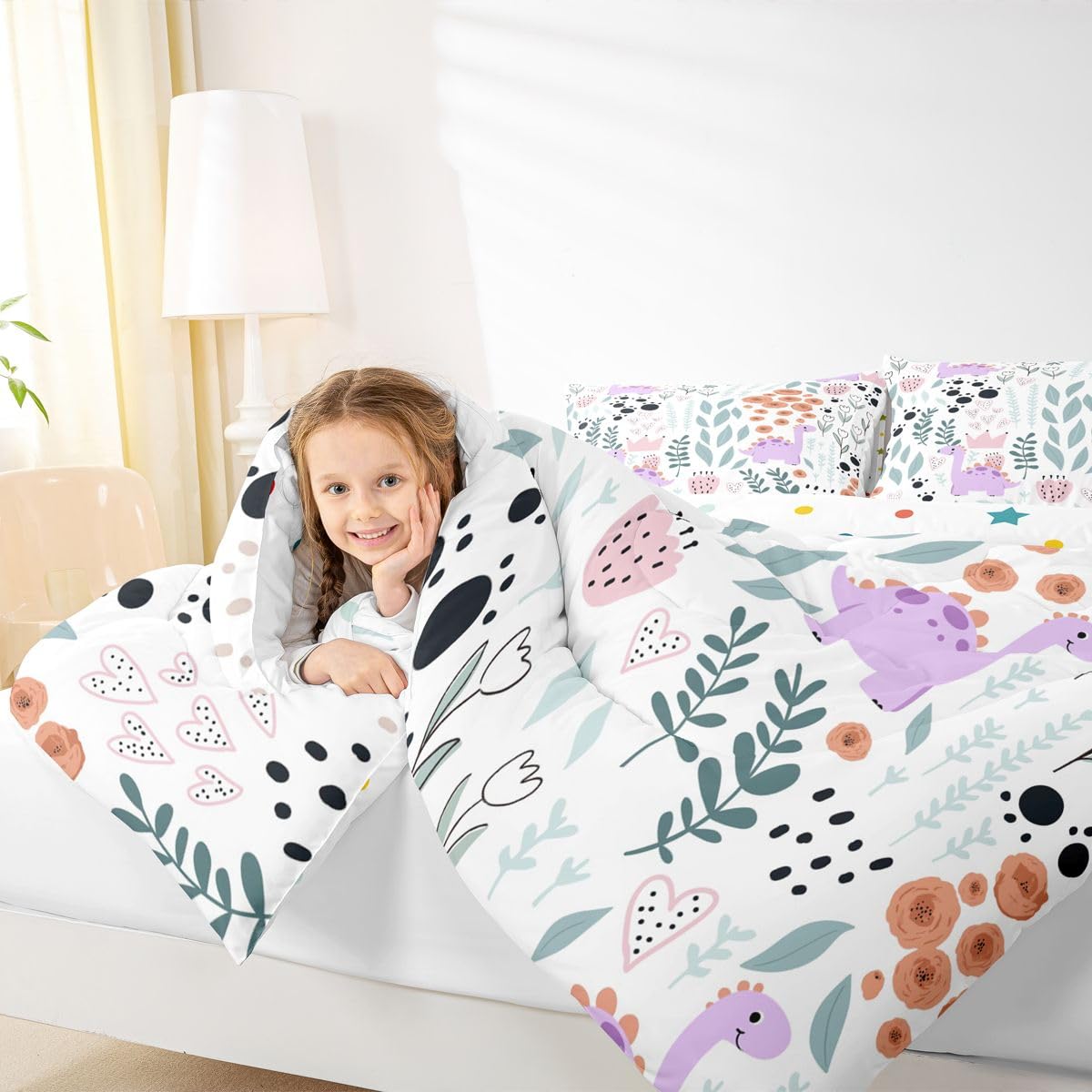 Erosebridal Kawaii Dinosaur Bedding Set Twin,Cartoon Purple Dino Comforter Set for Kids Girls Boys,Cute Love Heart Leaf Flower Comforter Set,Paw Print Wild Animals Quilt Bed Set with 1 Pillow Case